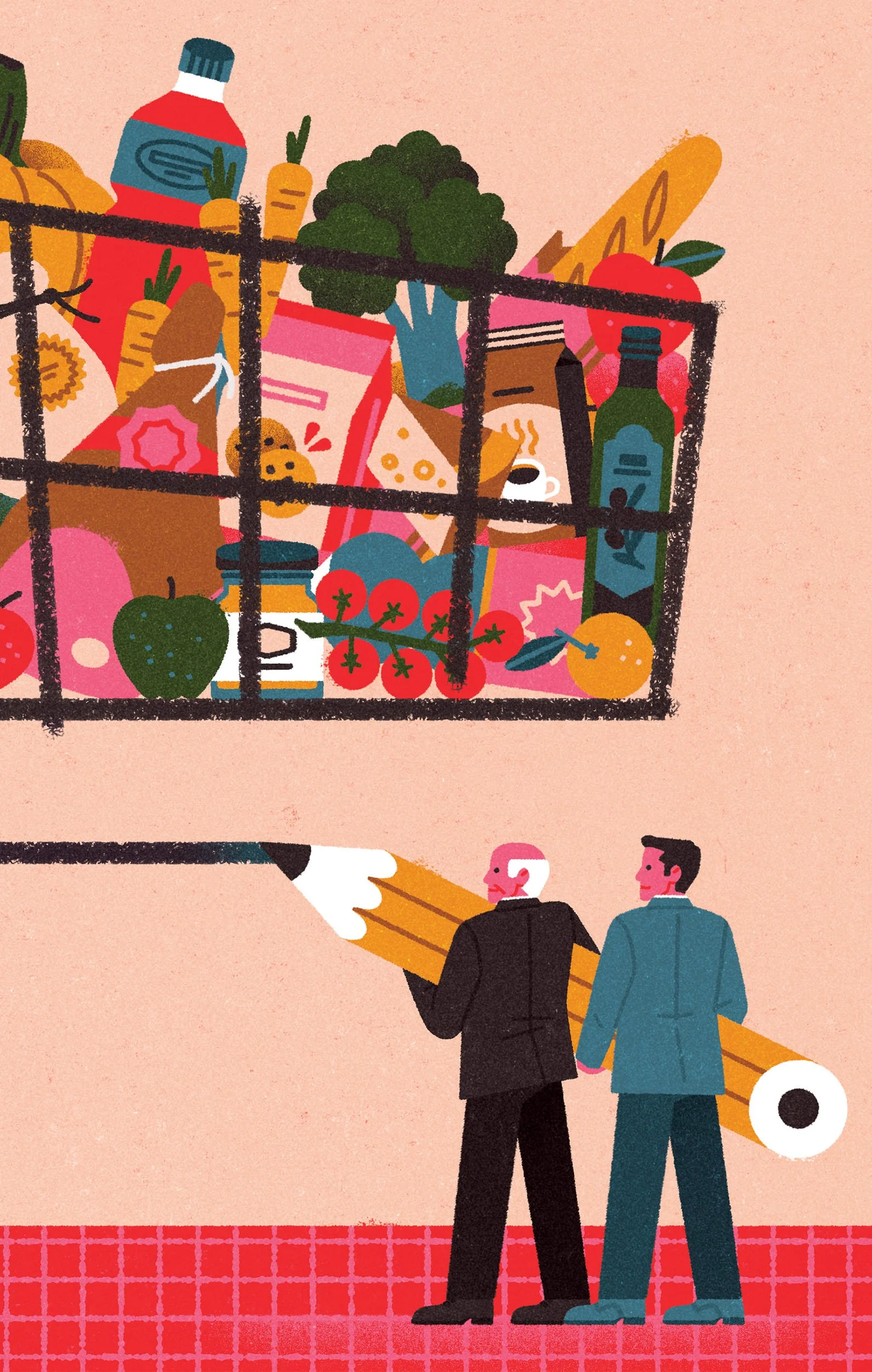 Illustrazione di due uomini in giacca e cravatta che tracciano con una grande matita un carrello della spesa pieno di prodotti alimentari e bevande.