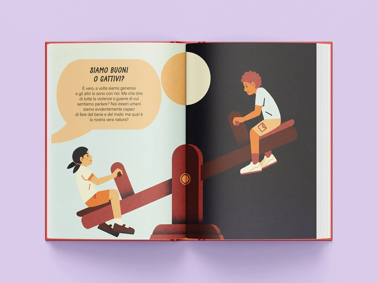 Pagina di libro illustrato per bambini che raffigura due giovani su un'altalena a dondolo