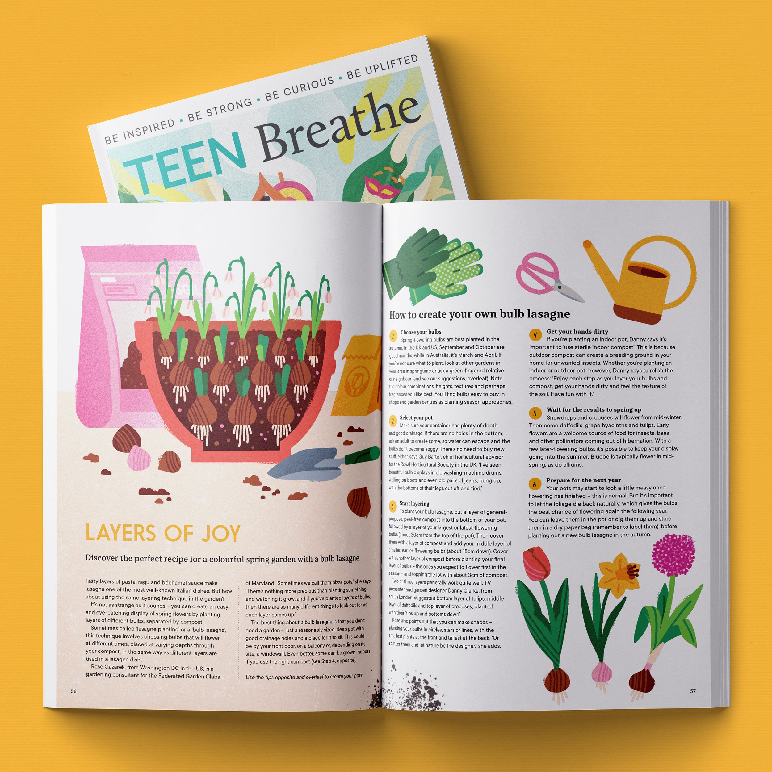 Pagina del magazine "Teen Breathe" con illustrazione dedicata al giardinaggio. Sono presenti bulbi, fiori, tulipani, narcisi, attrezzi da giardinaggio, guanti, annaffiatoio, terra