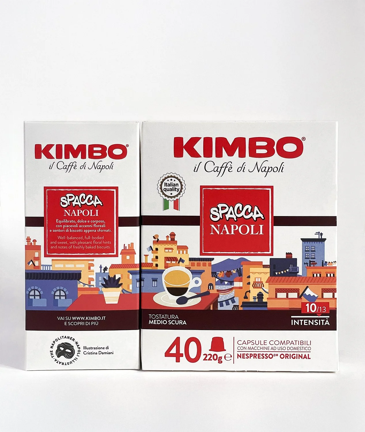Due confezioni con packaging illustrato per il brand italiano di caffè Kimbo qualità Spacca Napoli