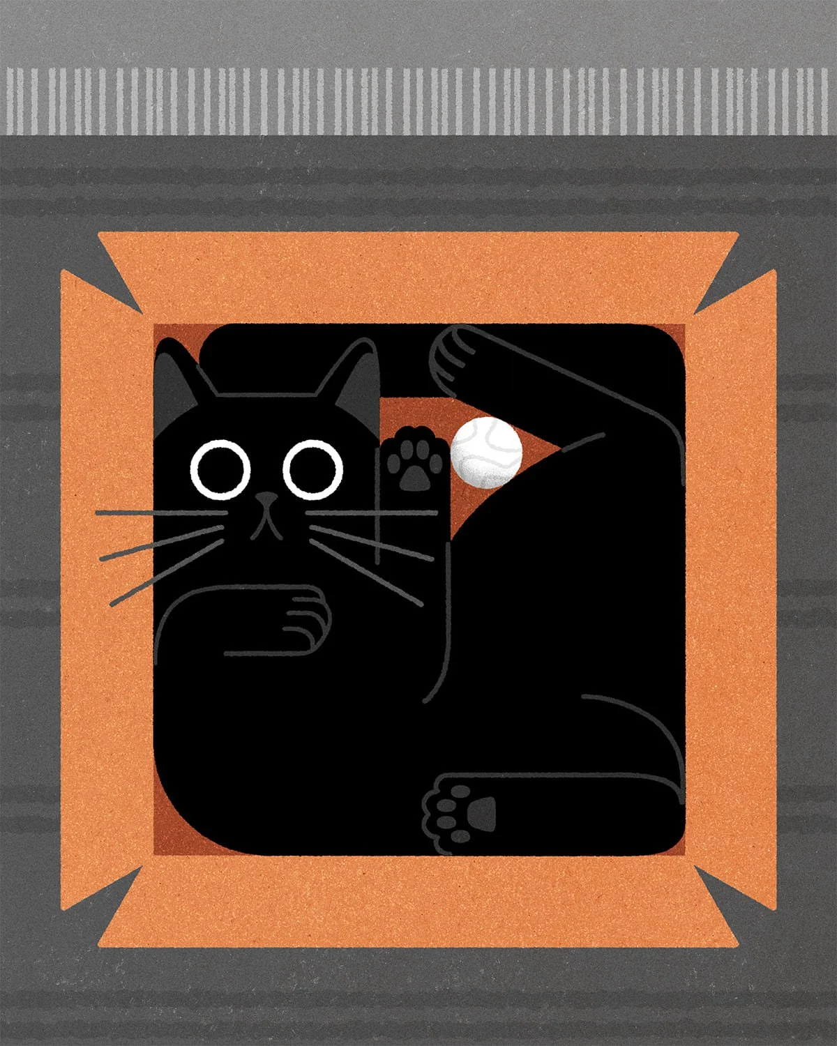 Illustrazione di un gatto nero con occhi grandi bianchi che gioca con una palla bianca, all'interno di una scatola di cartone.