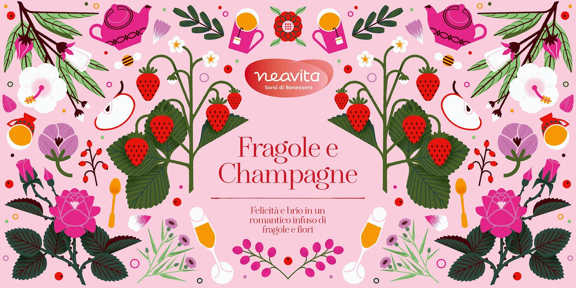 Etichetta illustrata per il marchio di tisane e tè Neavita con fragole, fiori, rose, mele, ibisco, flute di champagne, bacche, teiere, tazze e cucchiaini. Sfondo rosa e colori sulle tonalità del rosso, verde e rosa.
