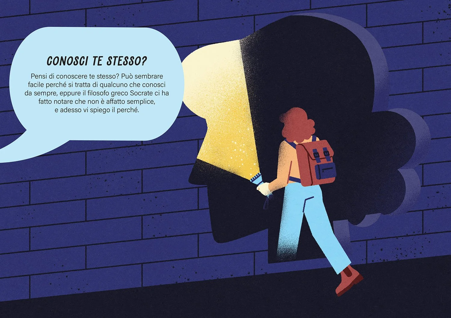 Illustrazione di una ragazza con jeans chiari, maglietta arancione e zaino marrone che entra in una fessura in un muro tenendo una torcia in mano. Il buco ha la forma della sua testa e indica introspezione