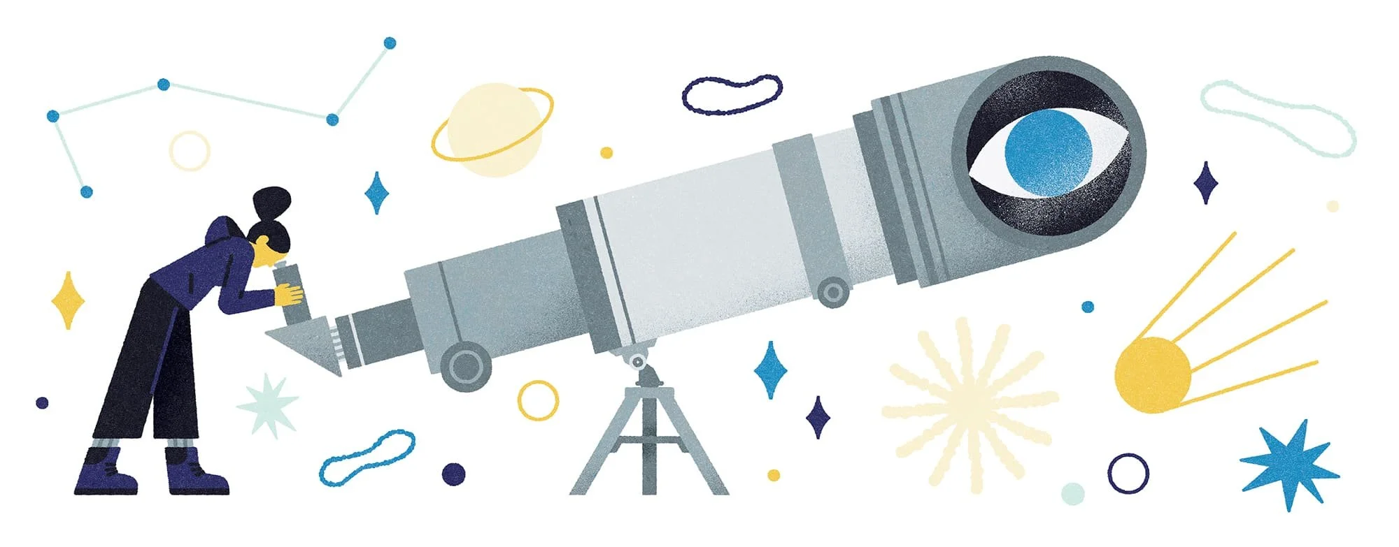 Illustrazione di una ragazza che guarda attraverso un telescopio gigante nello spazio, con pianeti, stelle e comete intorno.
