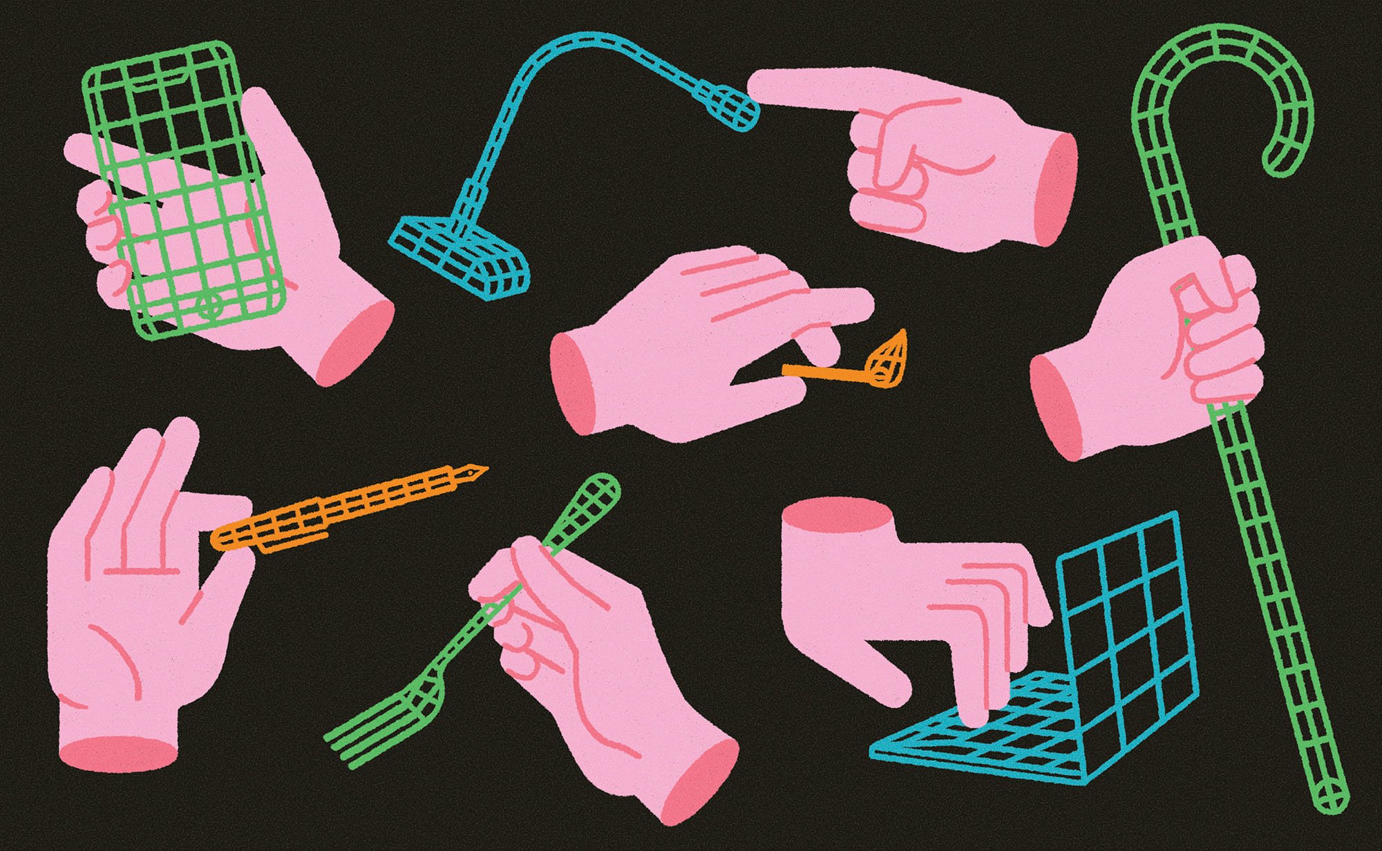 Illustrazione di mani che tengono vari oggetti stilizzati e colorati su uno sfondo nero. 