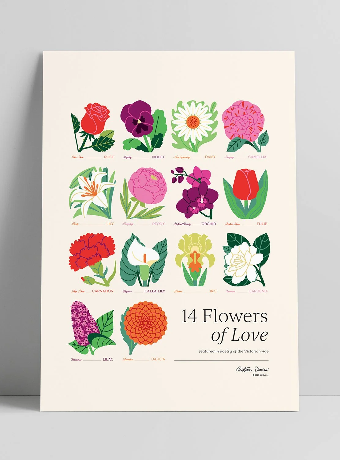 Poster illustrato con vari fiori colorati su sfondo panna chiaro. Rosa, violetta, margherita, camelia, giglio, peonia, orchidea, tulipano, garofano, calla, iris, gardenia, lillà, dalia