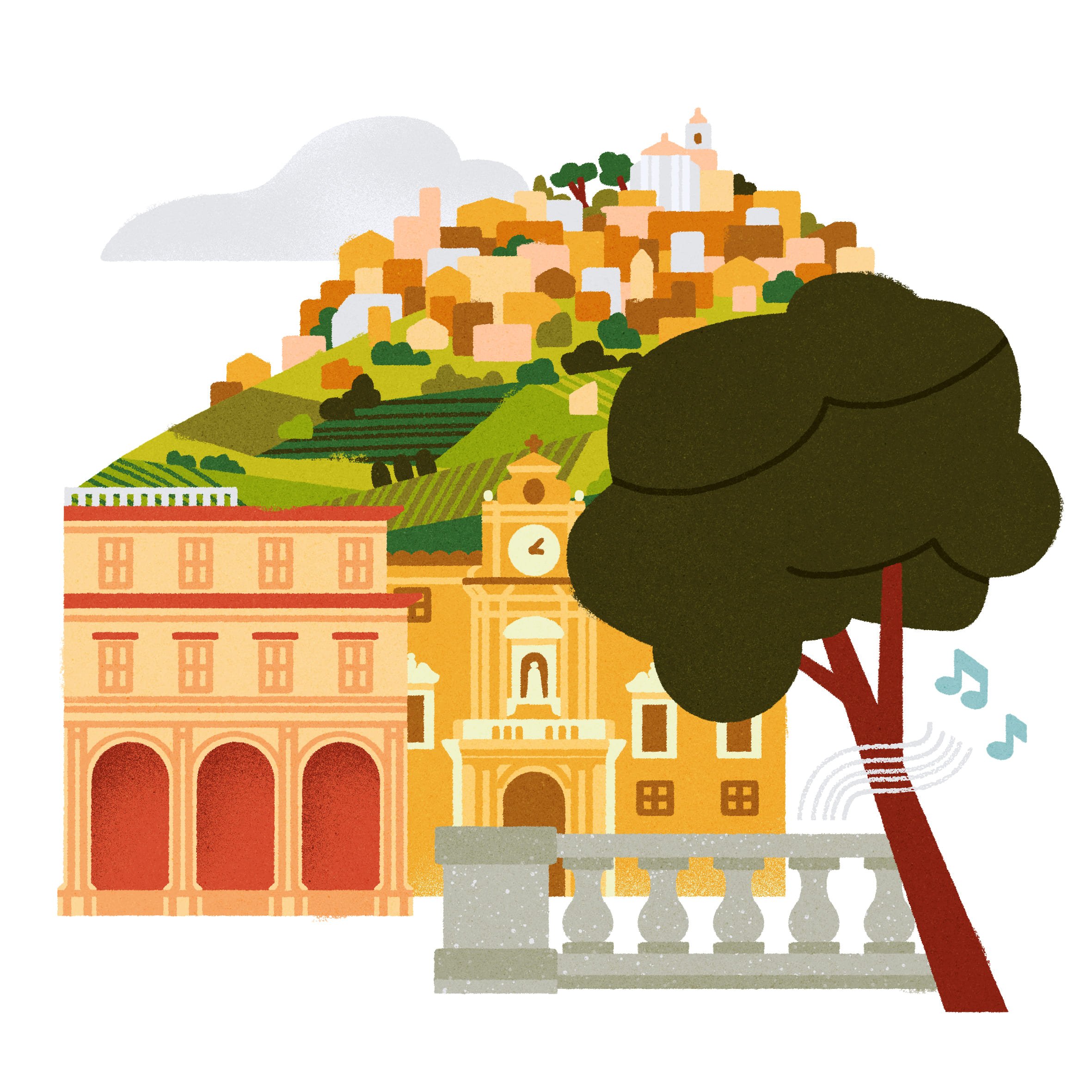 Illustrazione di un paesaggio di collina con case colorate e una chiesa bianca in alto, con alcune piante verdi, in stile minimalista e stilizzato. In primo piano alcuni monumenti della città marchigiana di Fermo.