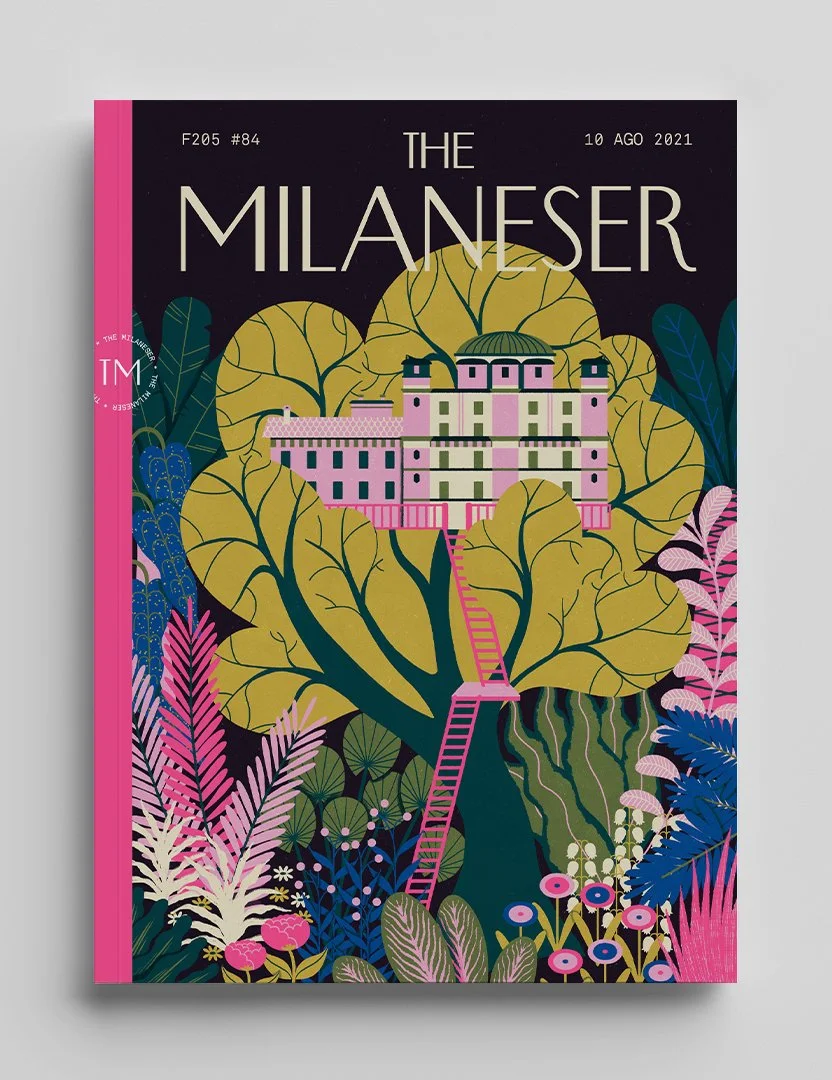 Copertina della rivista intitolata "The Milaneser", con illustrazione dell'Orto Botanico di Brera tra grandi foglie verdi e piante di vari colori, con un'ambientazione fiabesca.
