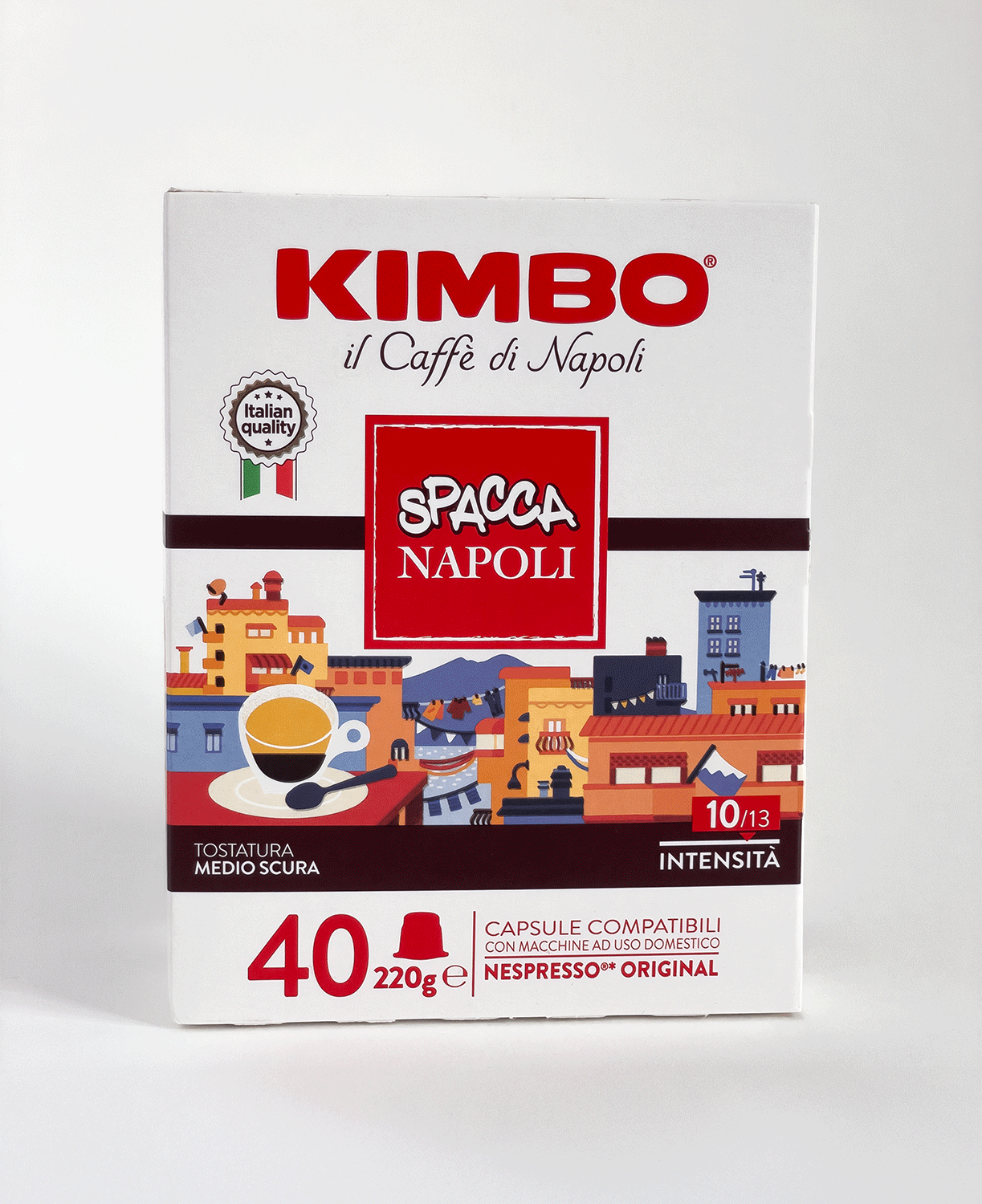 Confezione di caffè Kimbo con illustrazione dedicata a Spacca Napoli, indicato come compatibile con le macchine Nespresso.