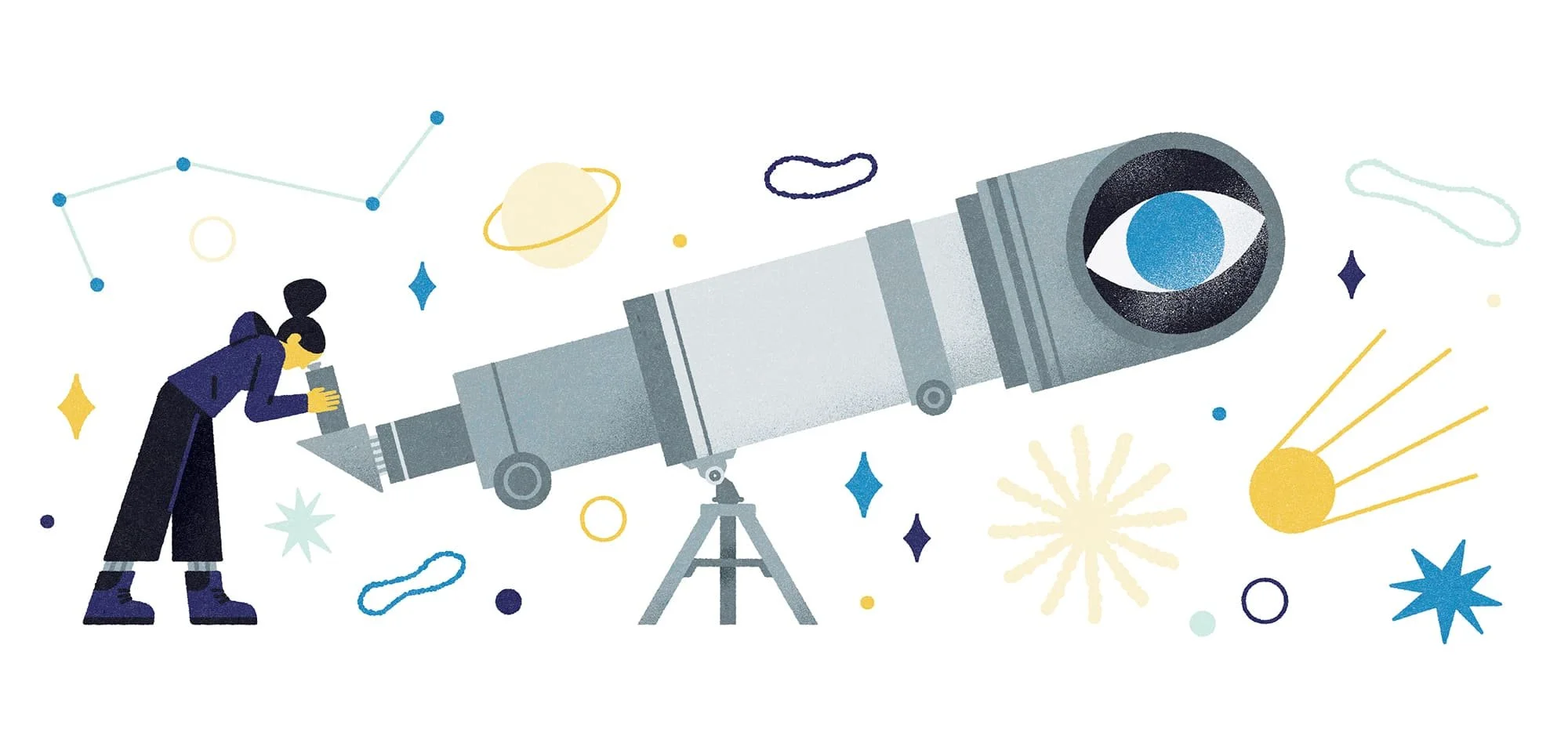 Illustrazione di una ragazza che guarda attraverso un telescopio gigante nello spazio, con pianeti, stelle e comete intorno.