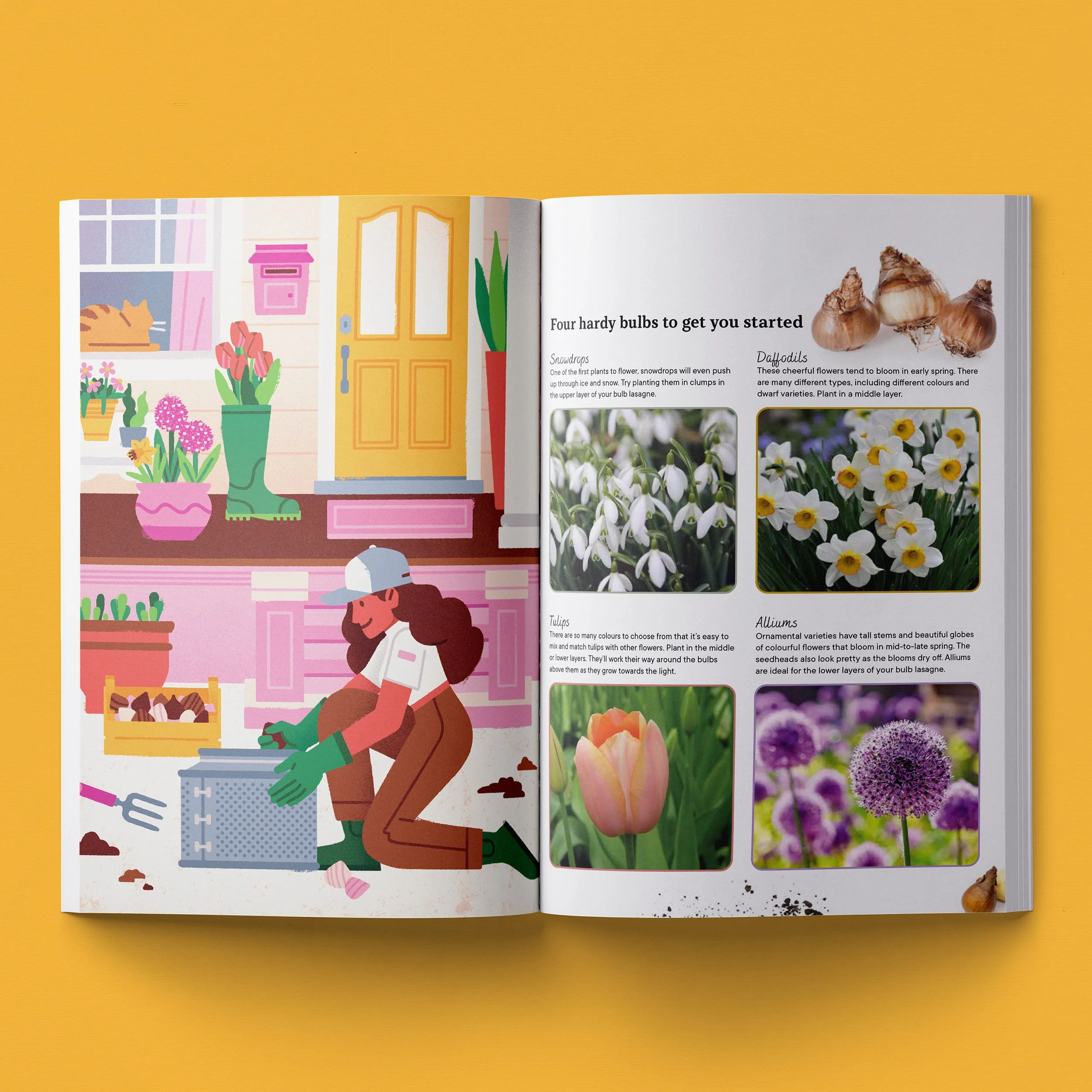 Pagina del magazine "Teen Breathe" con illustrazione di una ragazza che sta piantando dei fiori nel giardino della sua casa