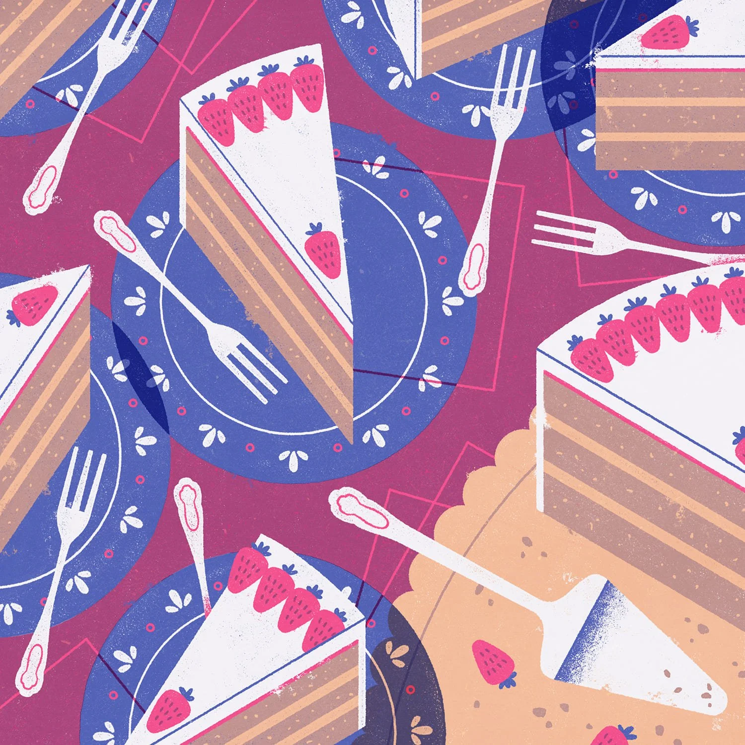 Illustrazione di fette di torta alle fragole e panna con forchette, piatti e decorazioni colorate in stile grafico.
