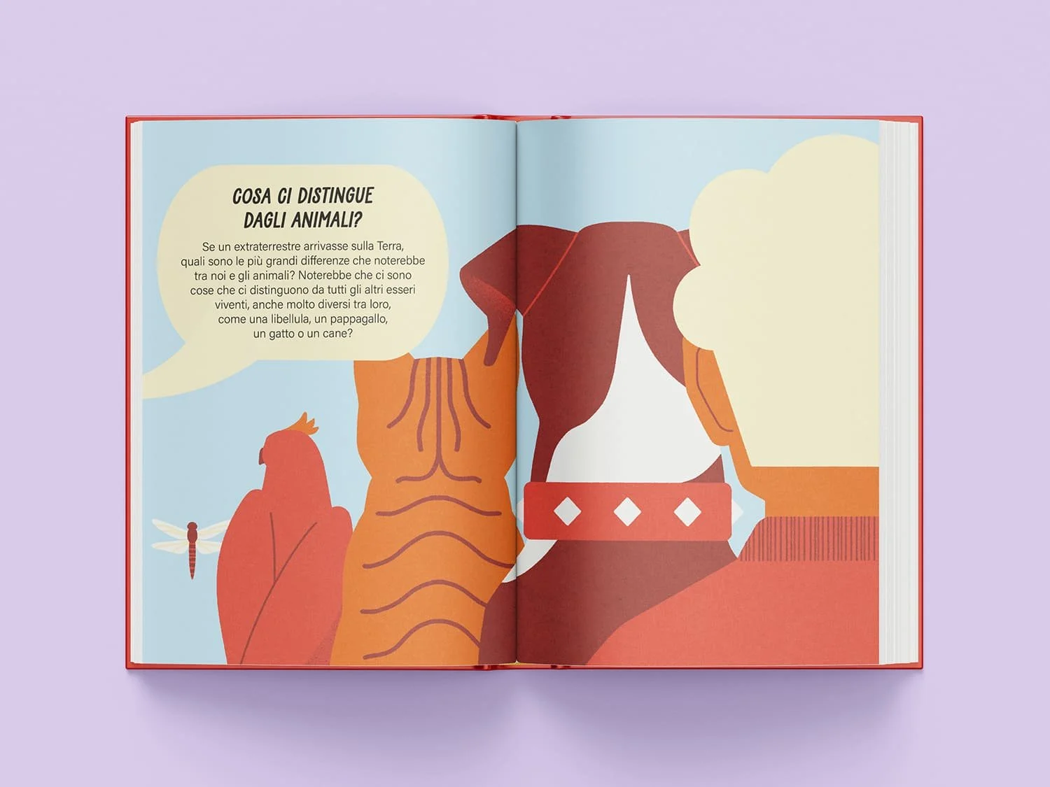 Pagina di libro illustrato per bambini che raffigura di spalle un bambino, un cane, un gatto, un pappagallo e una libellula. Lo sfondo è celeste e i personaggi sono sui toni del rosso e dell'arancione