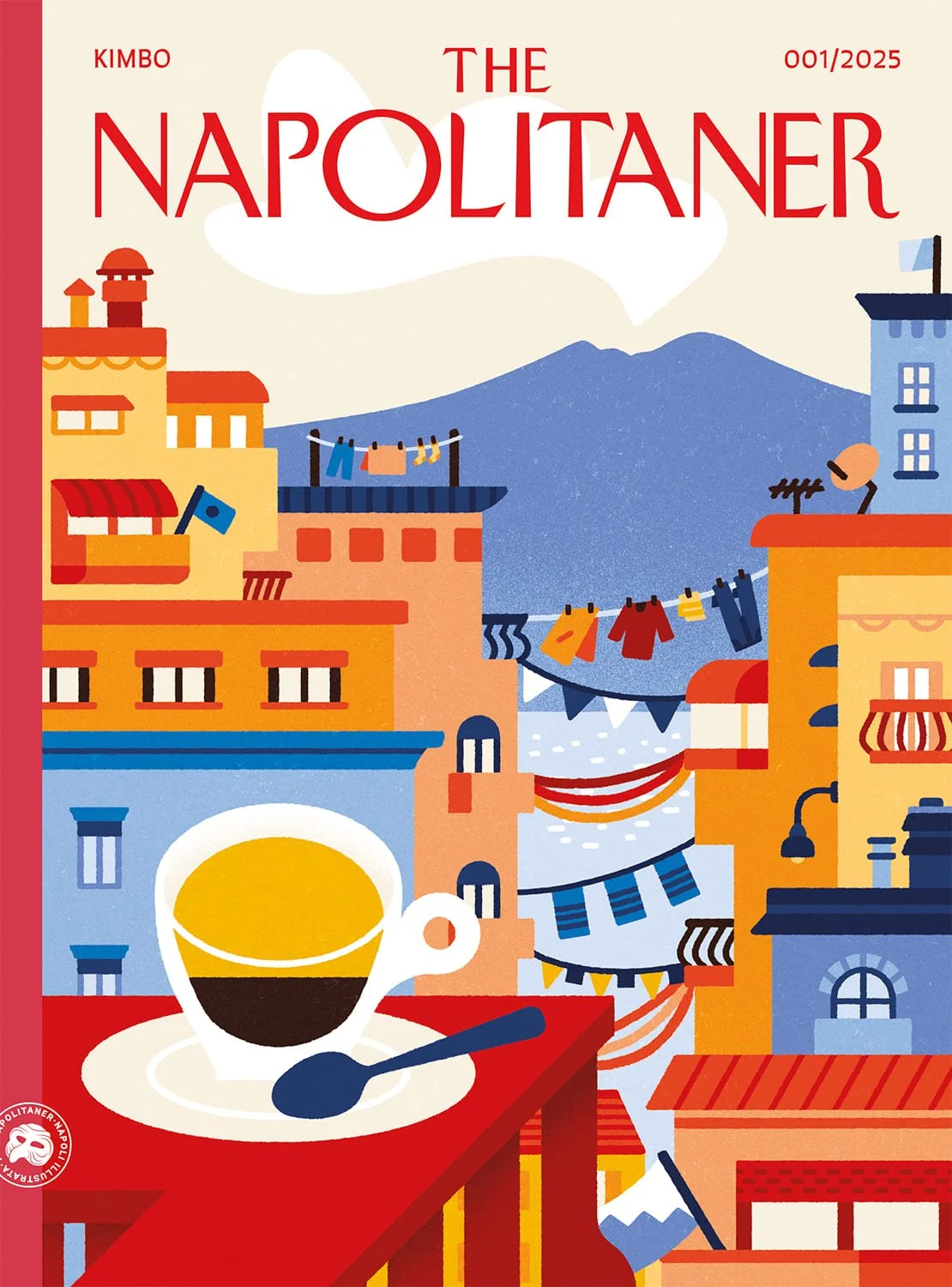 Copertina illustrata per The Napolitaner dedicata a Spacca Napoli, ai suoi quartieri, case ed edifici colorati, festoni, bandiere e panni stesi. Sullo sfondo il Golfo, il Vesuvio e il mare. In primo piano un balcone con una tazzina di caffè
