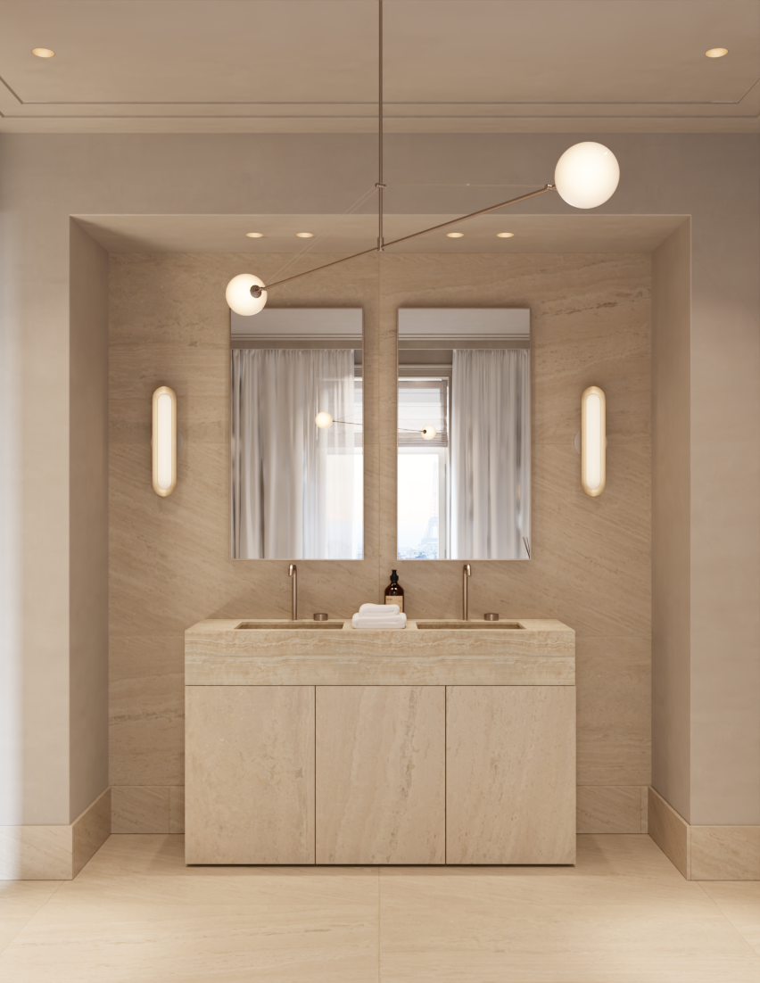Neutrale badkamer met dubbele wastafel, twee grote spiegels, wandverlichting en moderne lampen, met beige kleuren en zachte verlichting.