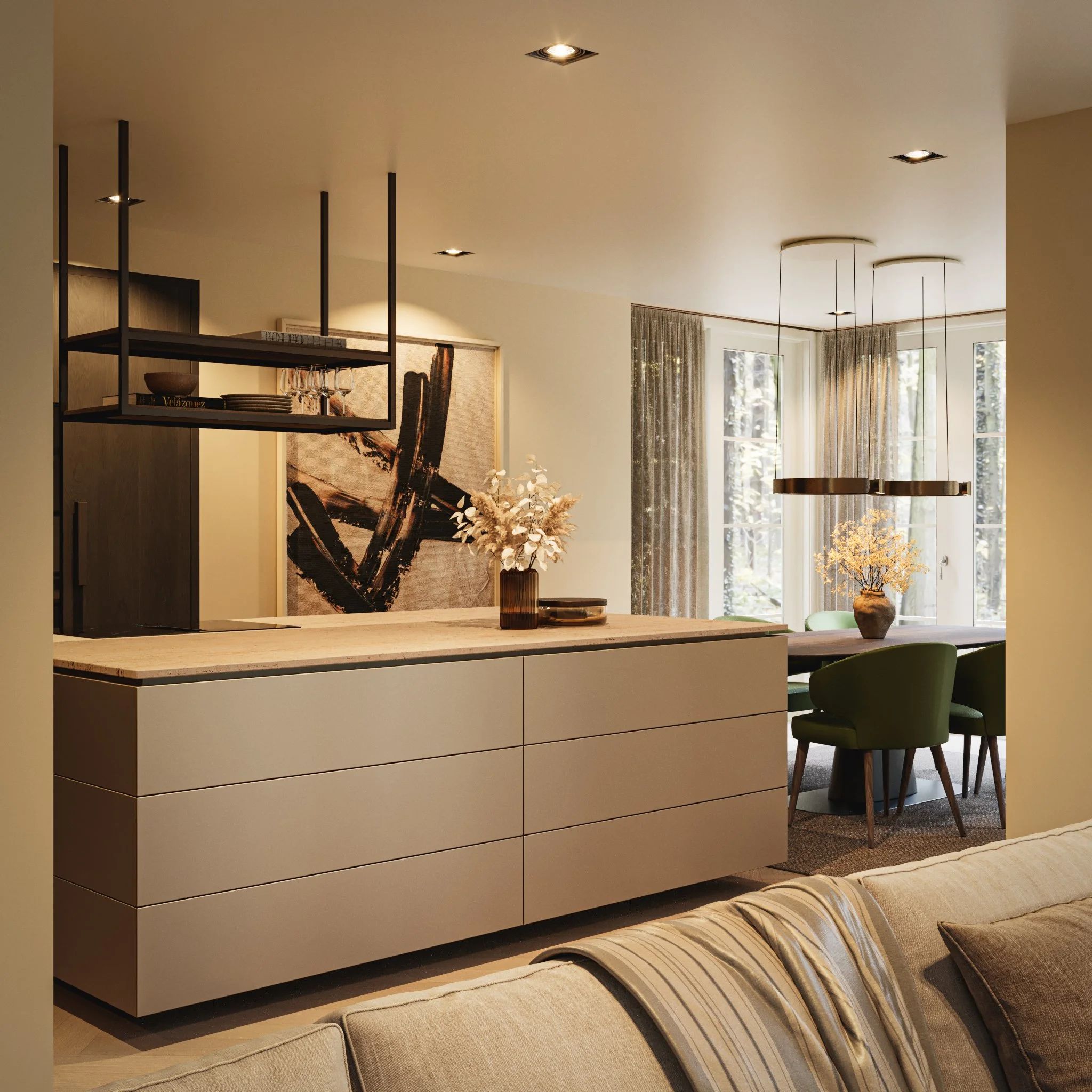 Een moderne woonruimte met een beige buffetkast, een tafel met vazen en decoratieve objecten, grote ramen met gordijnen, en een eetkamerstoel met groen bekleding.