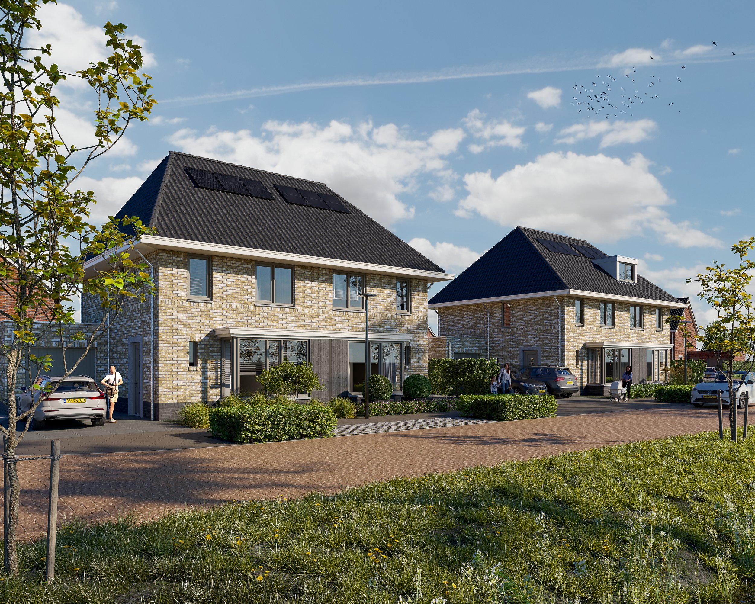 Huis met zonnepannelen op het dak, autostaanplaatsen en mensen in een tuin in een rustige woonwijk onder een blauwe lucht met wolken en vogels.