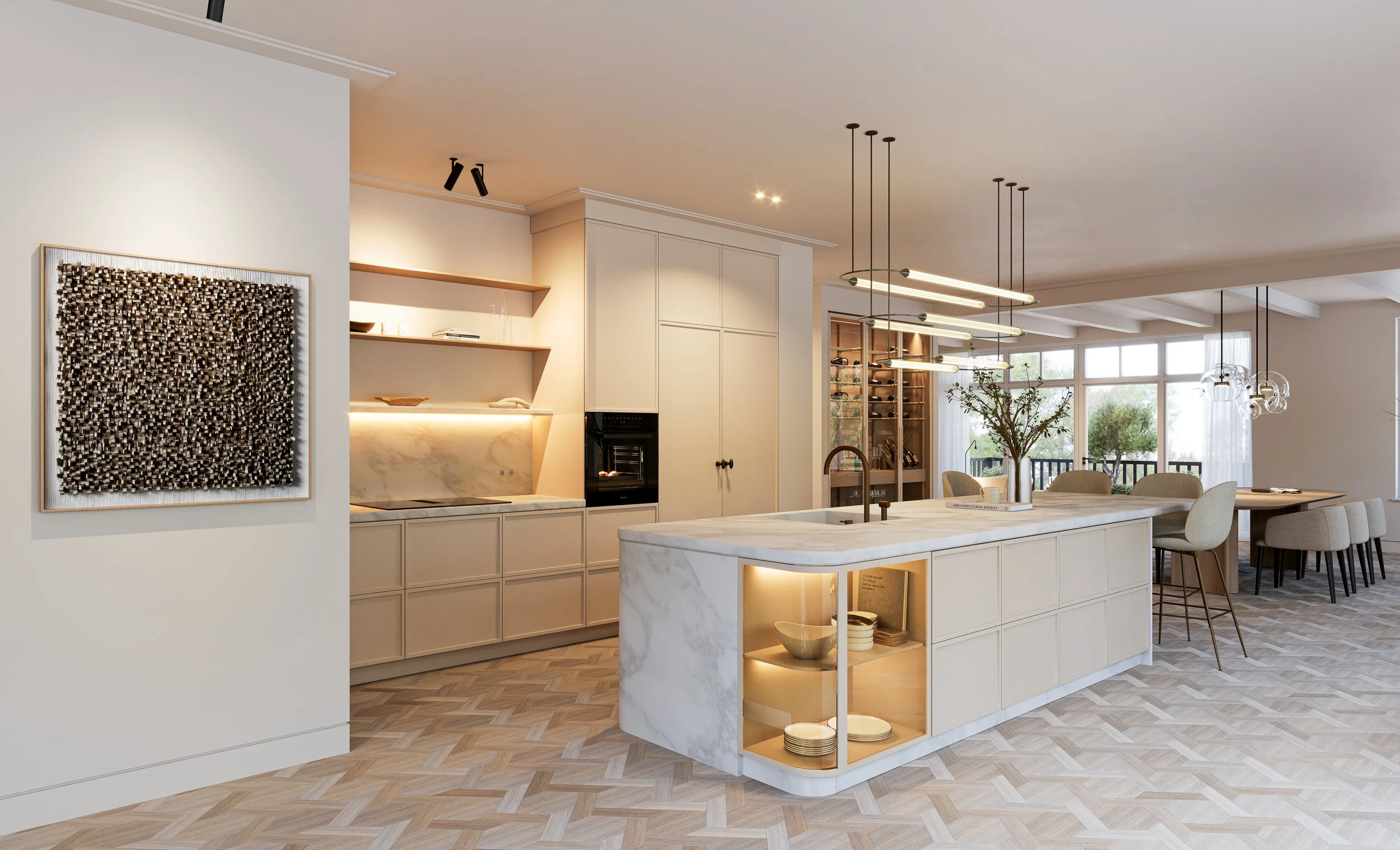 Een moderne open keuken met een wit marmeren eiland, hangende verlichtingsarmaturen, een eethoek met stoelen, grote ramen met uitzicht op een balkon en een interieur met beige en witte tinten.