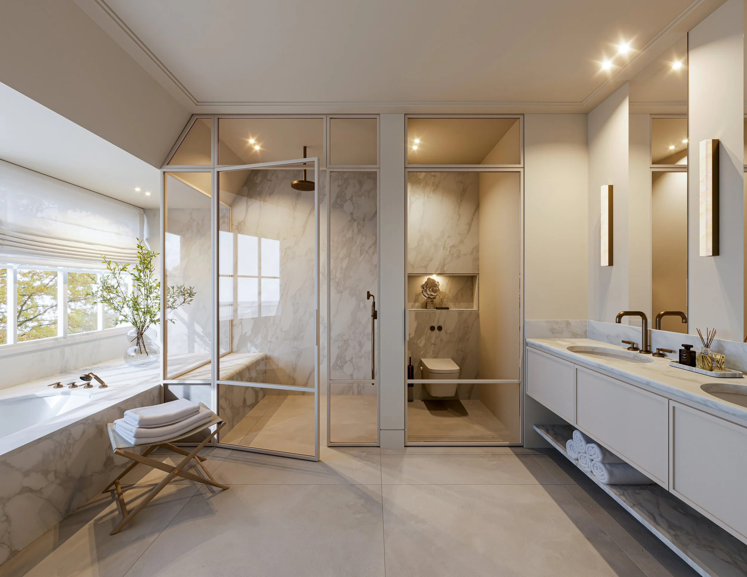 Moderne badkamer met grote ramen, inloopdouche met glazen wand, ligbad met handdoeken en een blad met badaccessoires, witte kast met handdoeken, wastafel met spiegel en moderne verlichting, en planten voor decoratie.