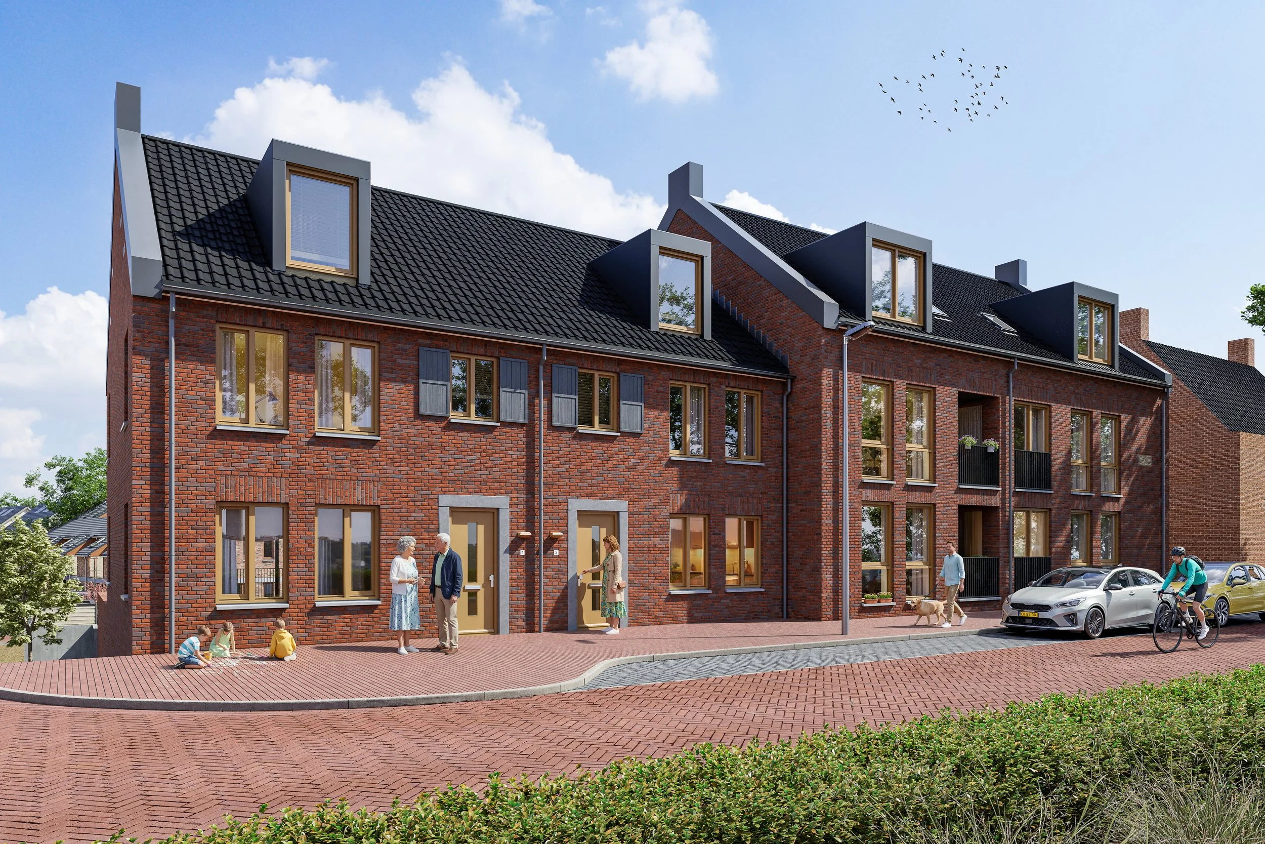 Een moderne rode bakstenen woning met meerdere verdiepingen en grote ramen. Mensen genieten buiten, een paar zitten op de stoep en anderen lopen of fietsen. De woning heeft een zwart geklede dak met meerdere grote ramen en een tuin met groen en een s
