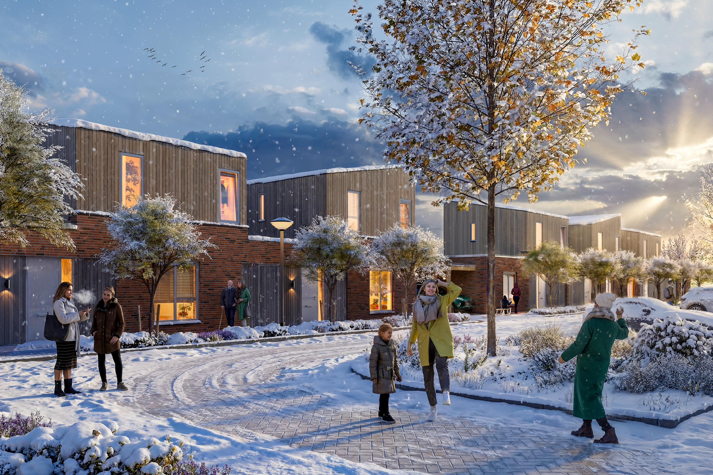 Iedereen onder een sneeuw bedekt stadspark met moderne huizen op de achtergrond, mensen die praten en spelen in de sneeuw, sneeuw bedekt planten en bomen, en een ladder zit achter een plant, terwijl de zon ondergaat.