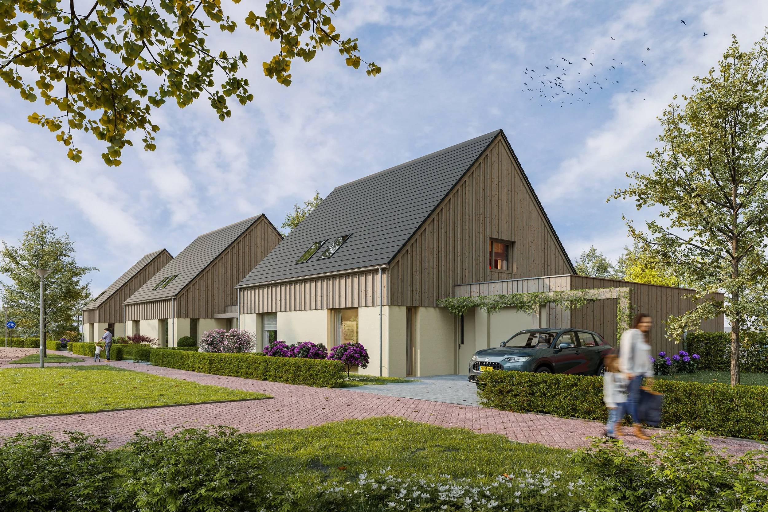 Moderne rijtjeshuizen met houten gevels en grote ramen, omgeven door groene planten en bomen, met een fietsende man, een geparkeerde auto, en een bewolkte blauwe hemel met vogels.