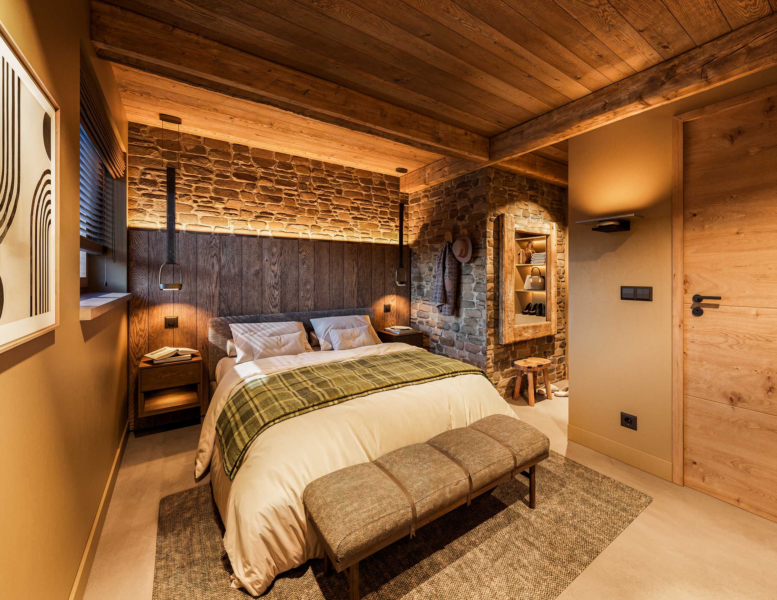 Een slaapkamer met een bed met wit en groen beddengoed, omringd door houten en stenen muren, met een bench aan het voeteneind, een nachtkastje en een houten plafond.