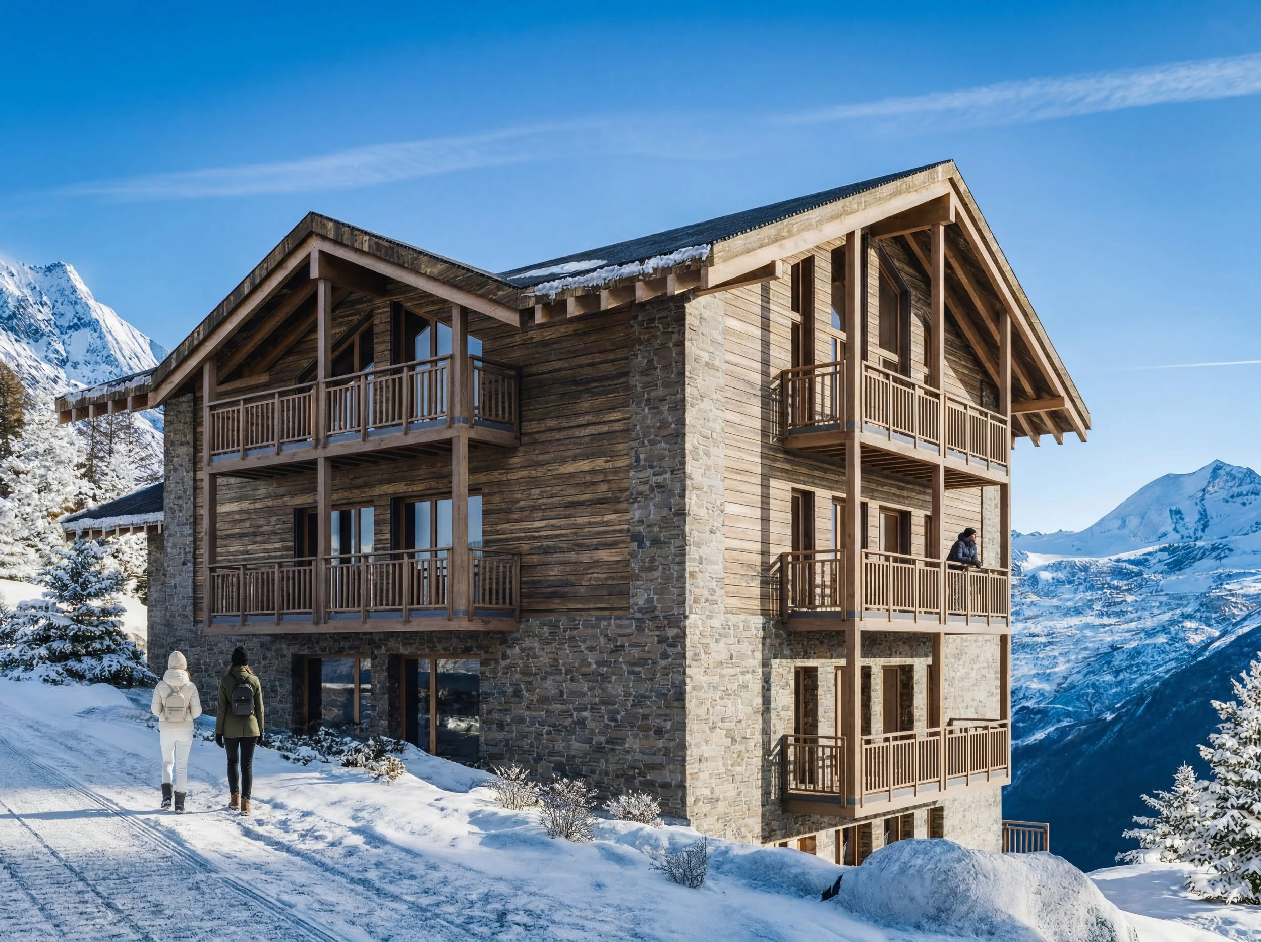 Een stenen en houten chalet met meerdere verdiepingen en balkonnetjes, gelegen in een besneeuwde bergachtige omgeving met sneeuw bedekte bomen en bergen op de achtergrond. Er zijn twee mensen in winterkleding die naar het chalet lopen.