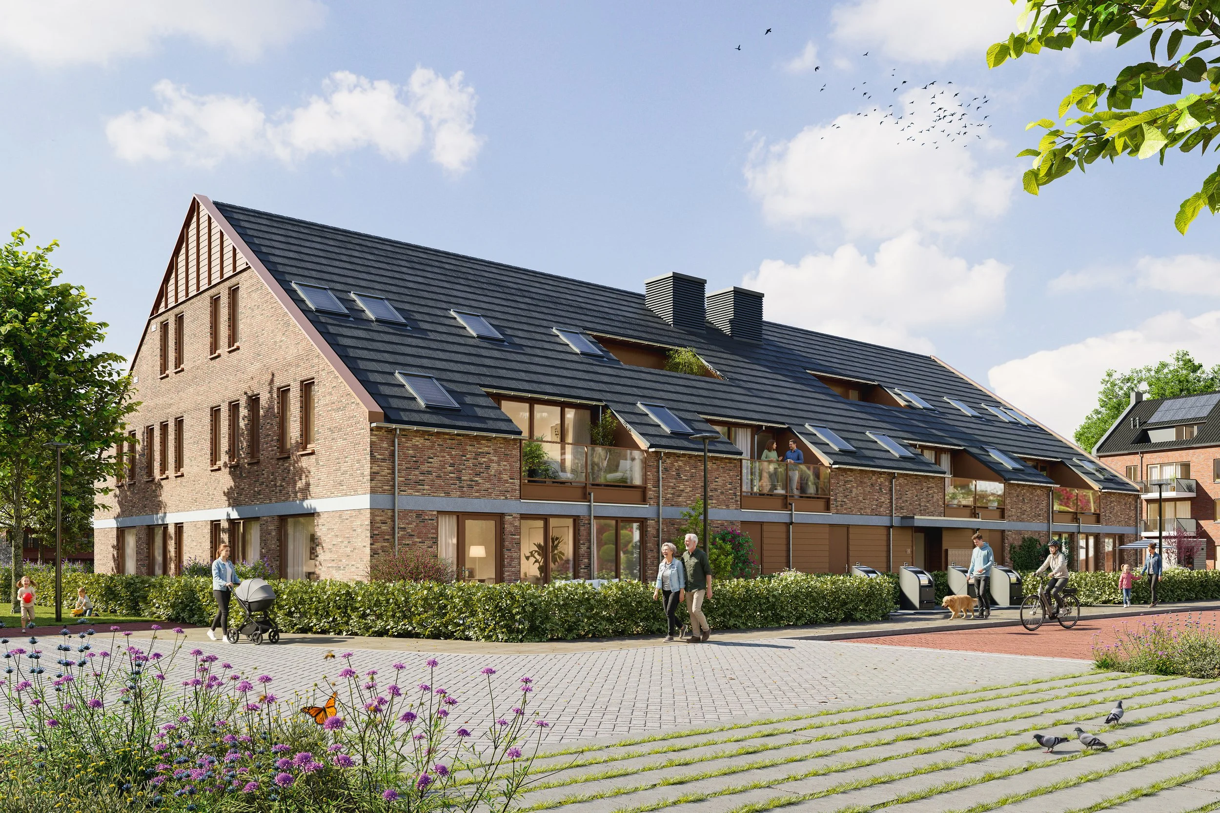 Moderne woonwijk met multifamiliehuizen, mensen wandelen en fietsen in een park met bloemen en bomen, blauwe lucht met vogels.