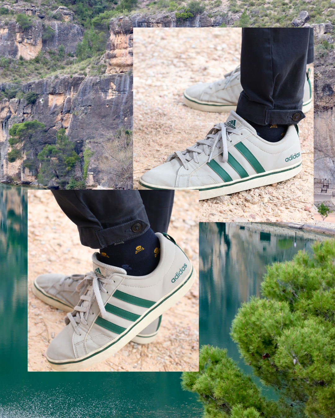 Collage de zapatillas adidas colocadas sobre un fondo de naturaleza