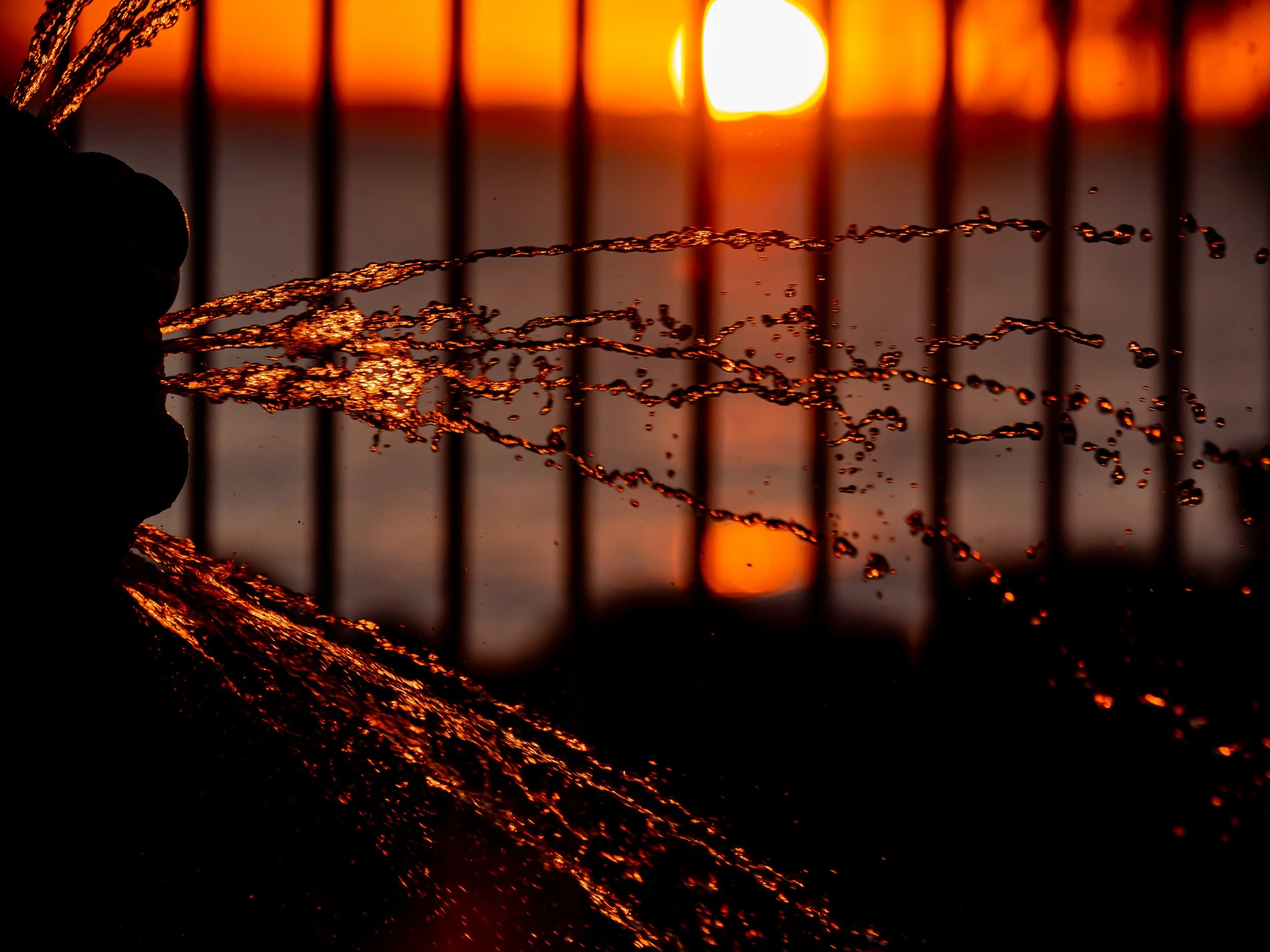 Abstract close-up of water spray glowing orange against a dark sunset, with a bright sun and silhouetted foliage at left.