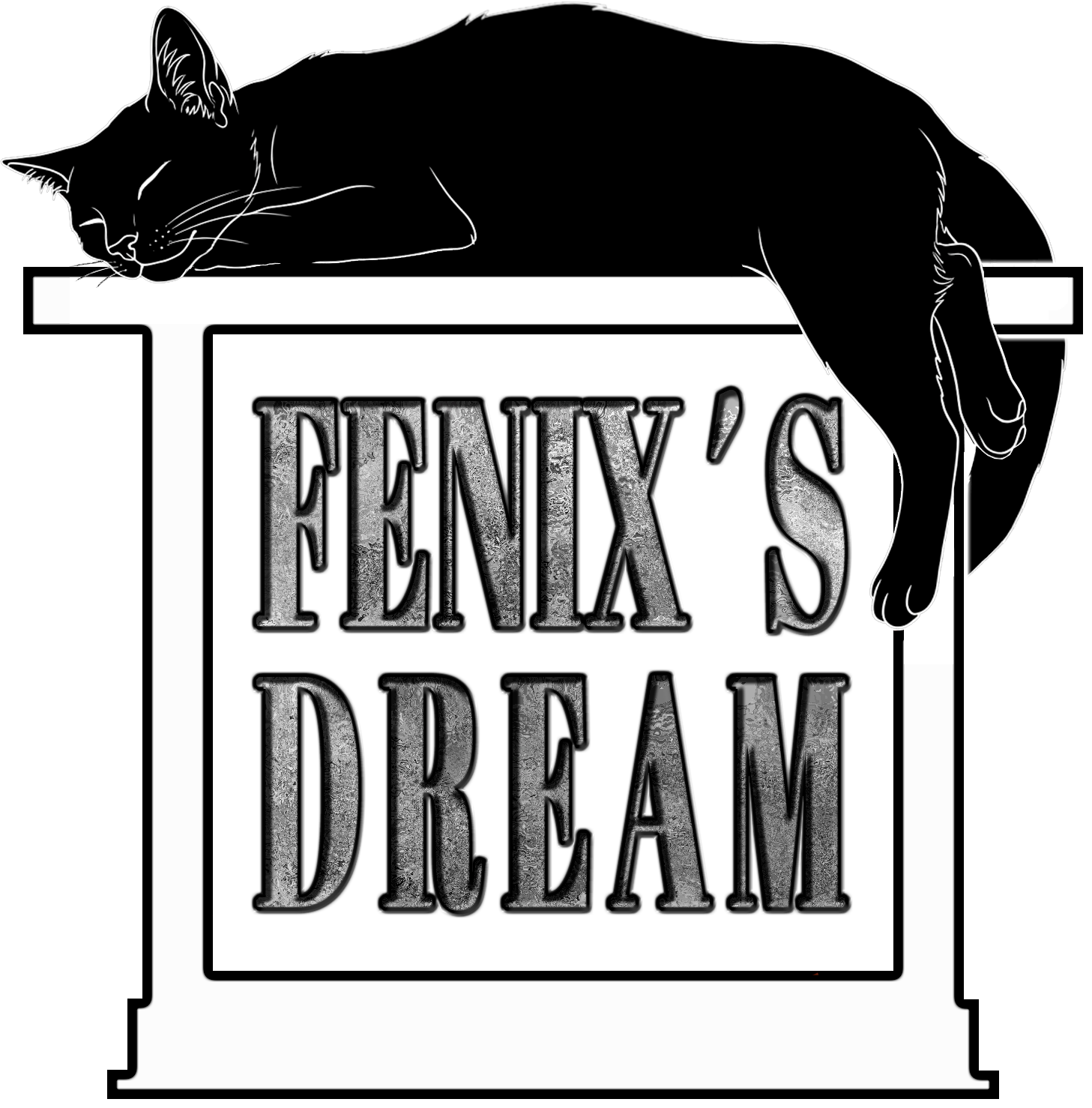 Gato durmiendo sobre una caja con la frase "FENIX'S DREAM".