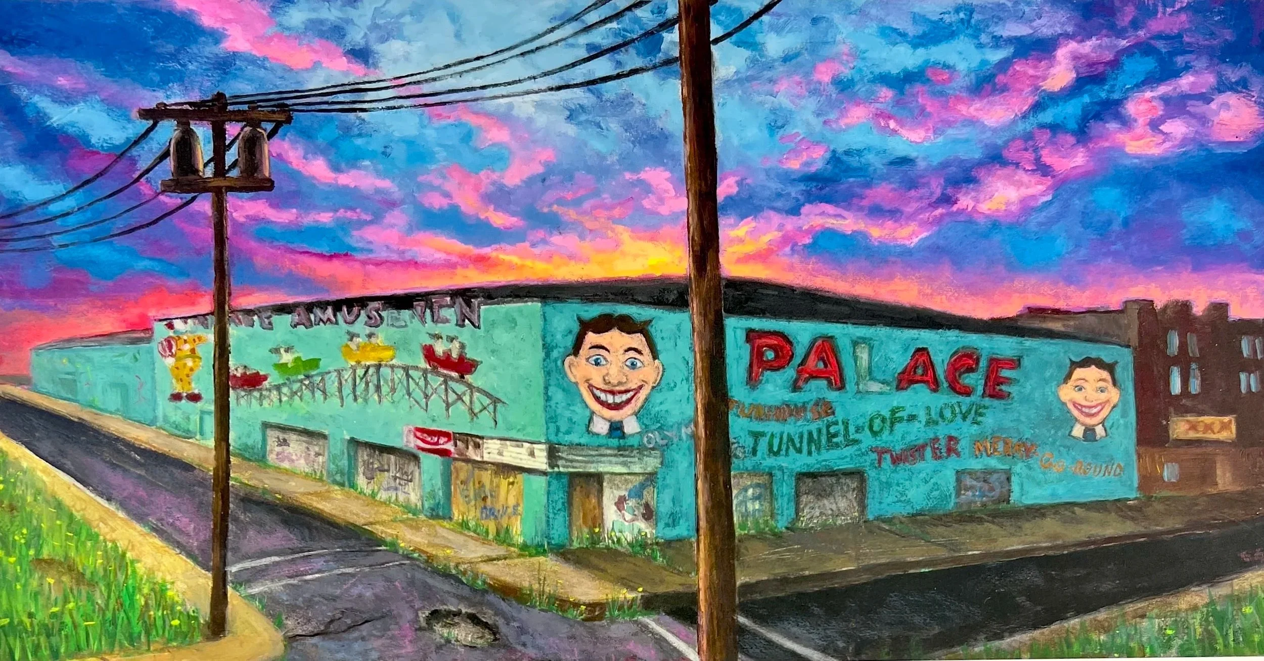 A colorful mural on the side of a building featuring cartoonish faces, carnival rides, and the words "PALACE" and "TUNNEL OF LOVE" against a sunset sky with pink, purple, and blue clouds.