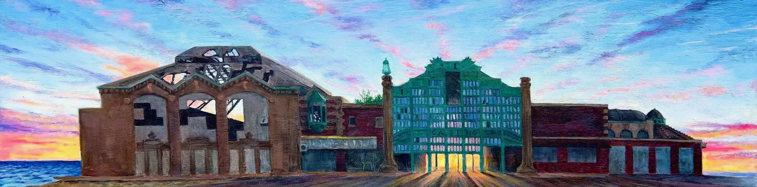 Painting of the remains of a historic building by the seaside at sunset, with dramatic pink and purple clouds in the sky.