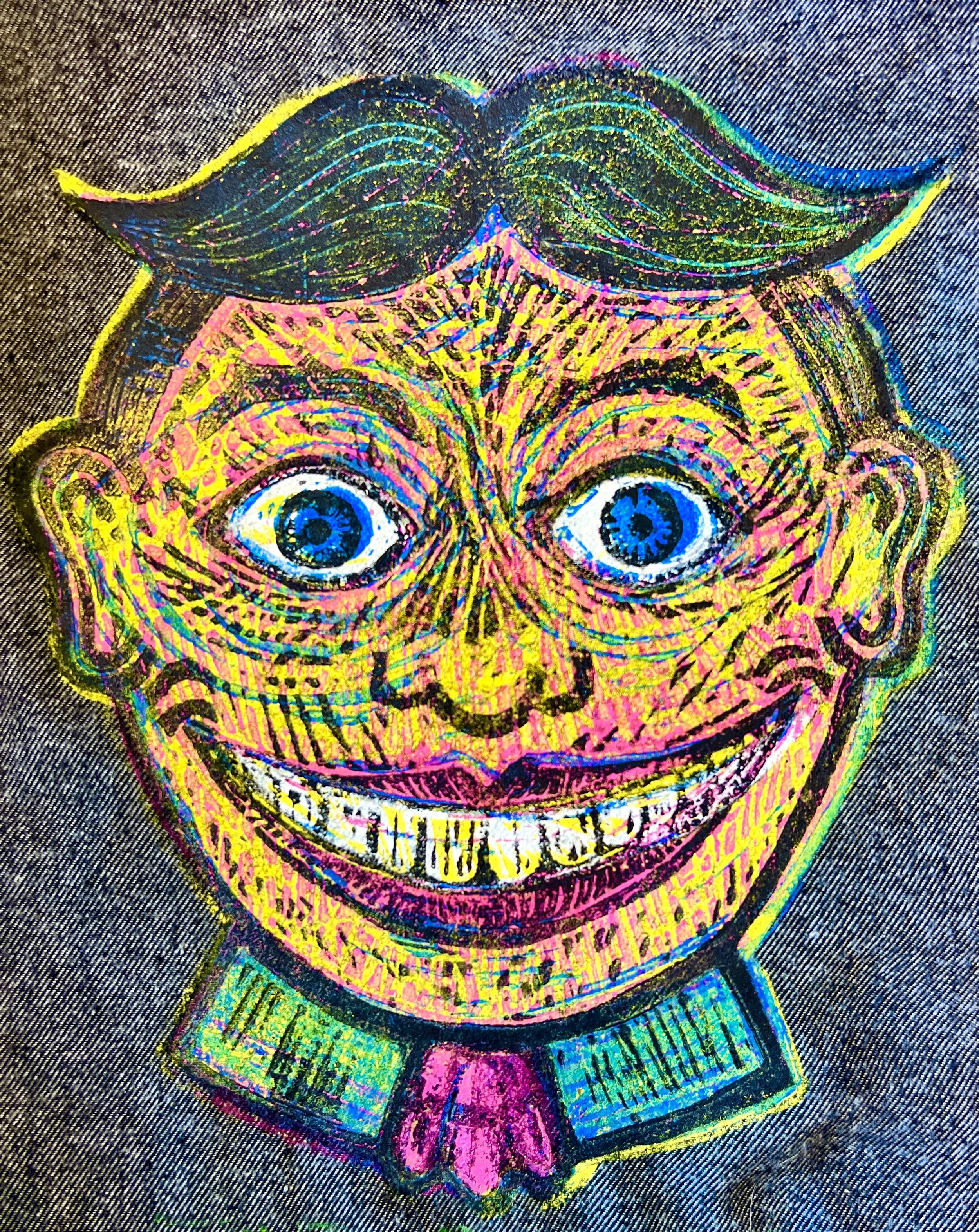 Colorful block print  of a Tillie from Asbury Park with exaggerated features, bright eyes, and a big smile, on dark fabric.