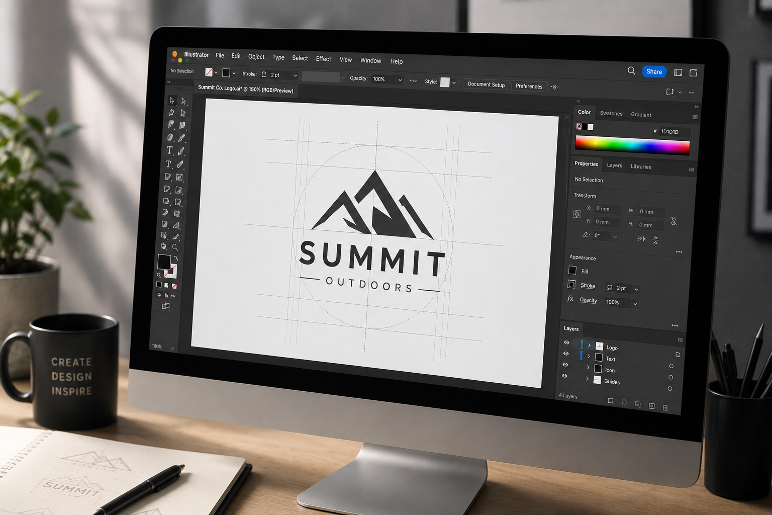 Design software on a computer screen showing a logo design for 'Summit Outdoors' featuring mountain peaks.