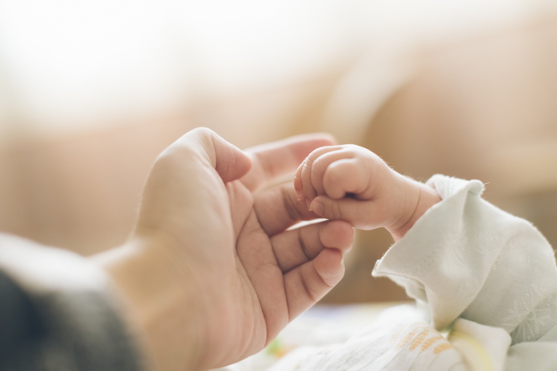 Close-up of an adult holding a baby's tiny hand with gentle care.