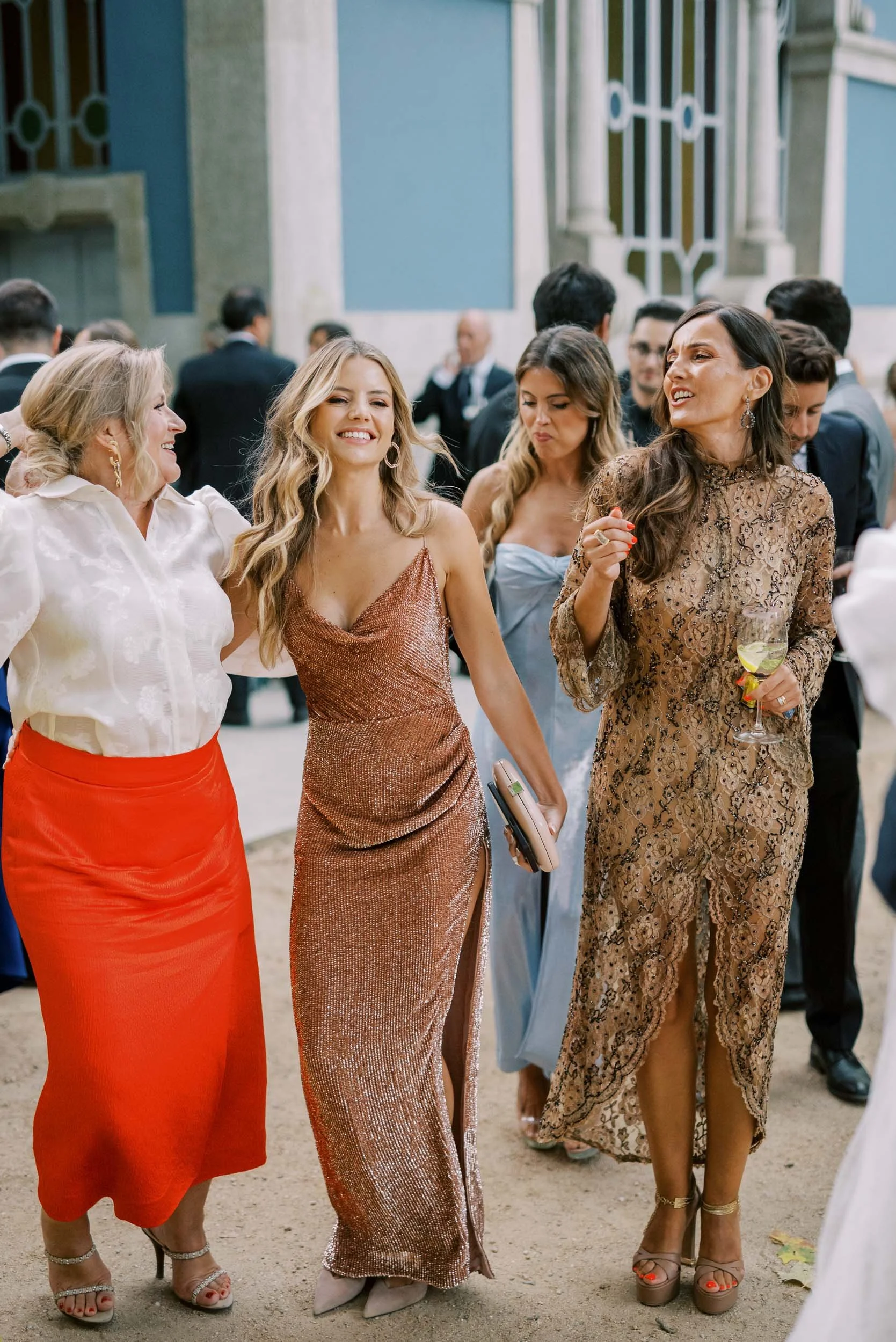 Guests outside the Art Nouveau pavilion during a wedding at Vidago Palace Hotel in Portugal