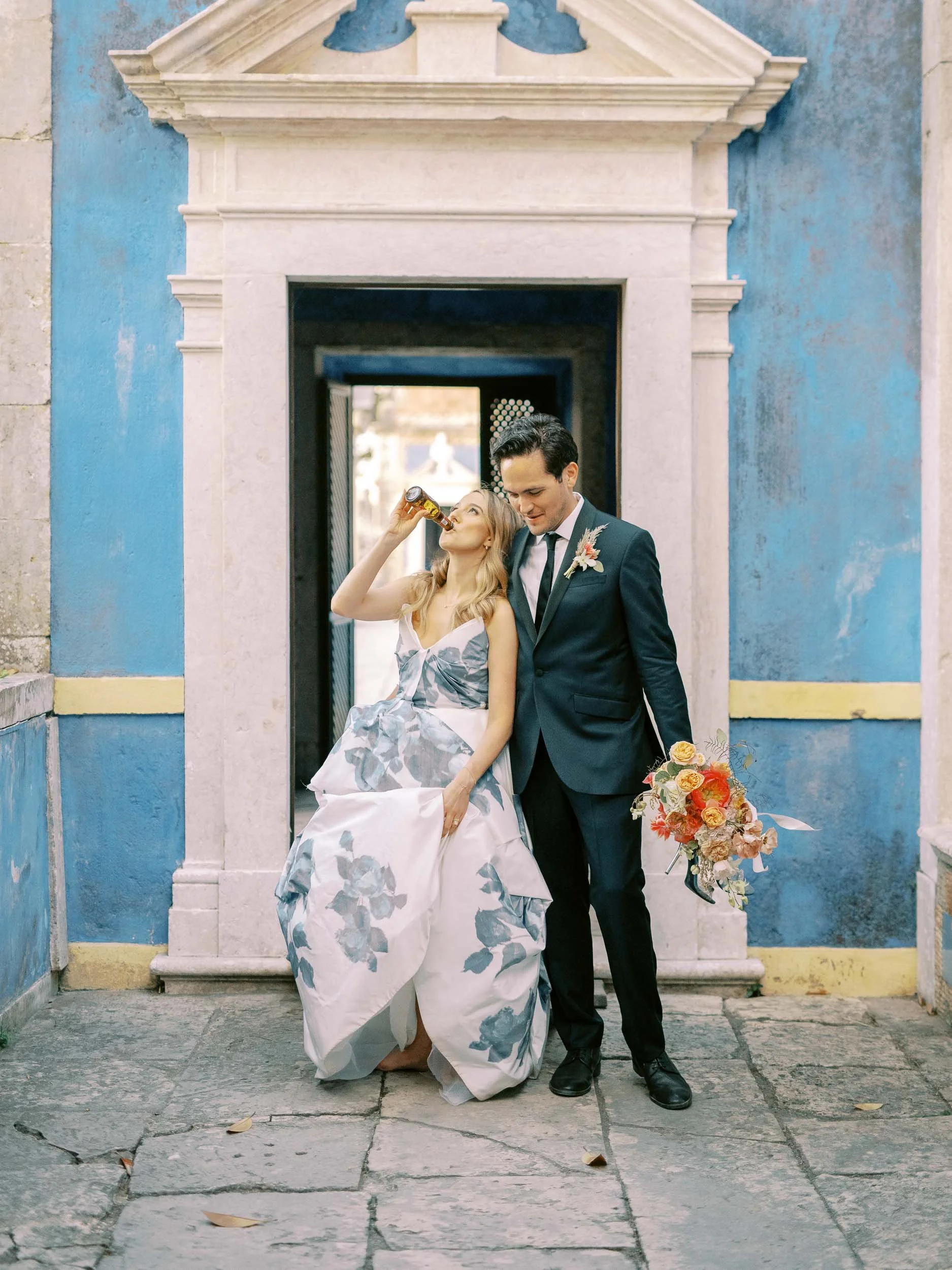 Bride and groom sharing a moment at Palácio dos Marqueses de Fronteira in Lisbon, Portugal
