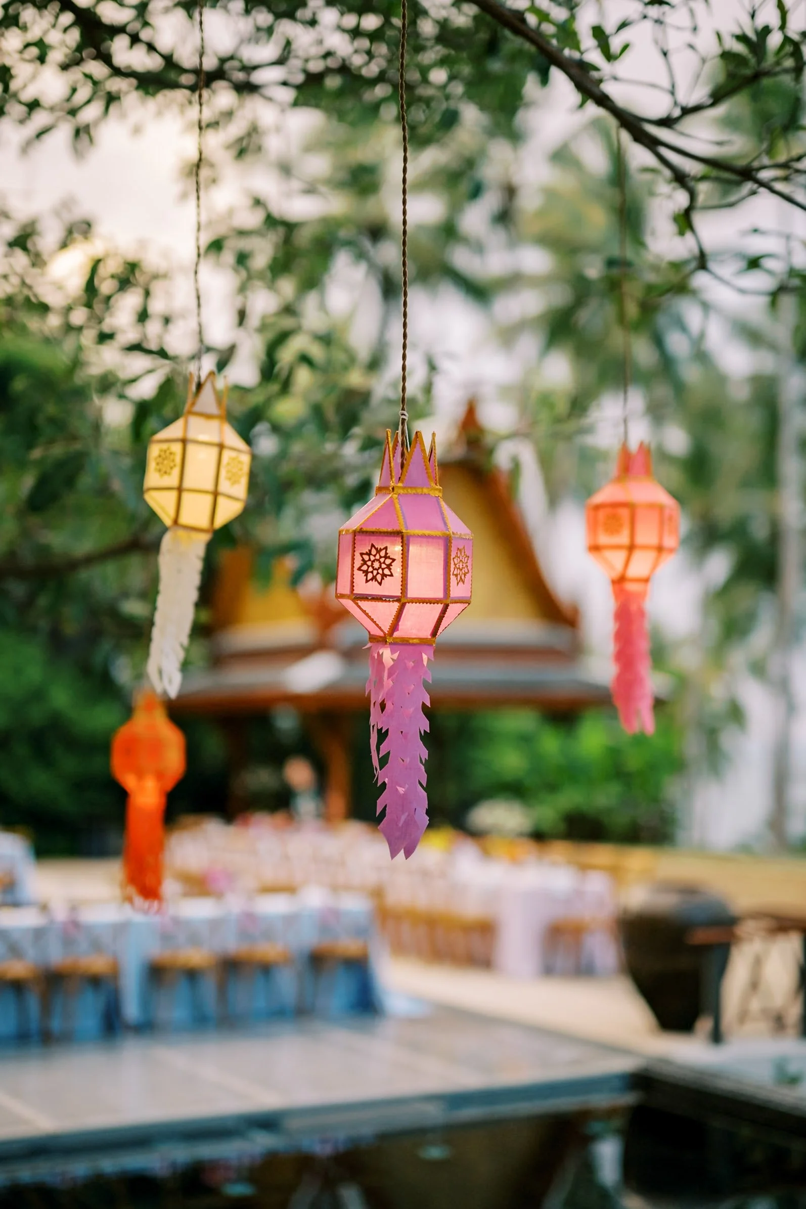 Colourful lanterns hanging by the pool at Amanpuri in Phuket, Thailand