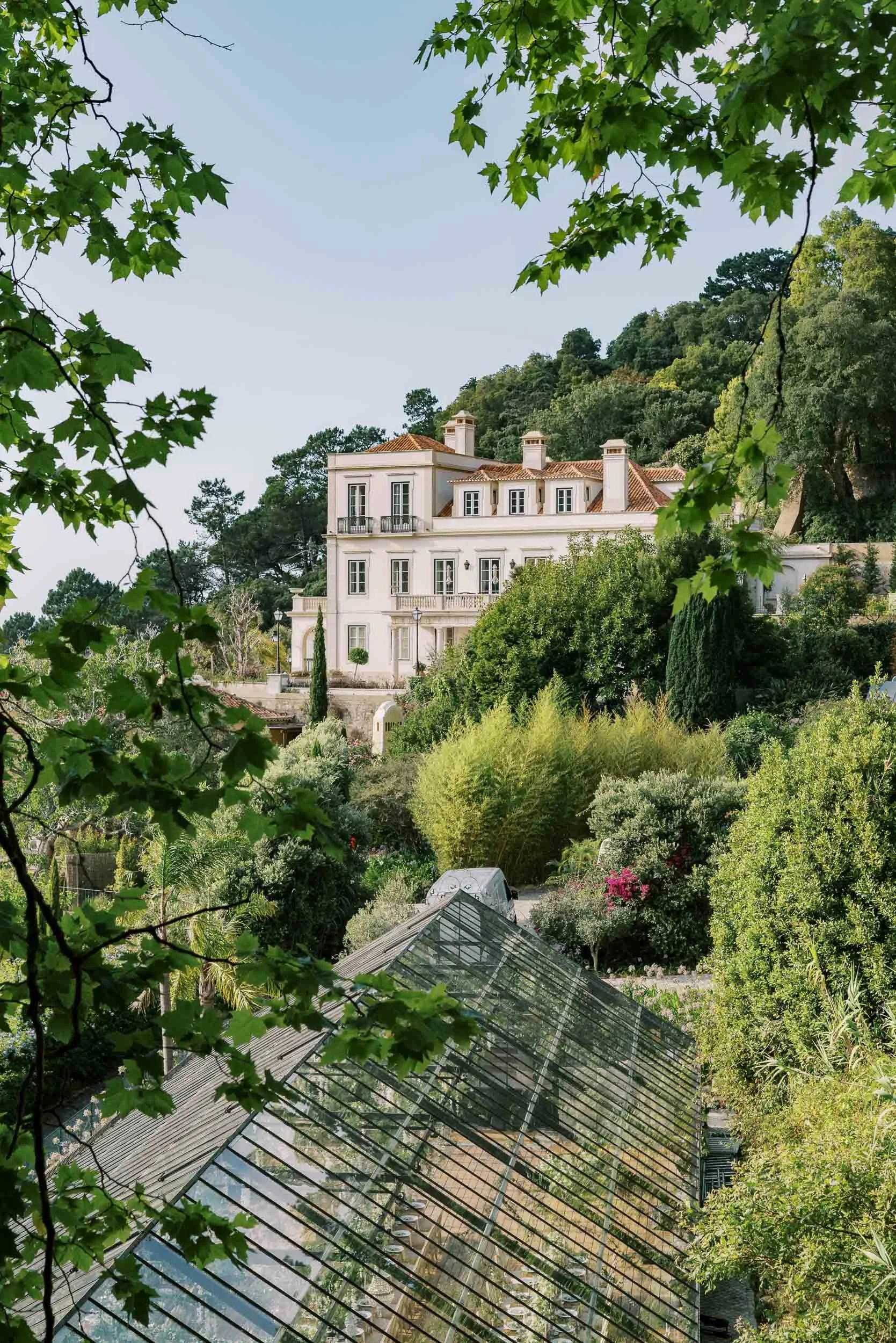 View of the Glass House and the palace at Quinta da Bella Vista in Sintra, Portugal