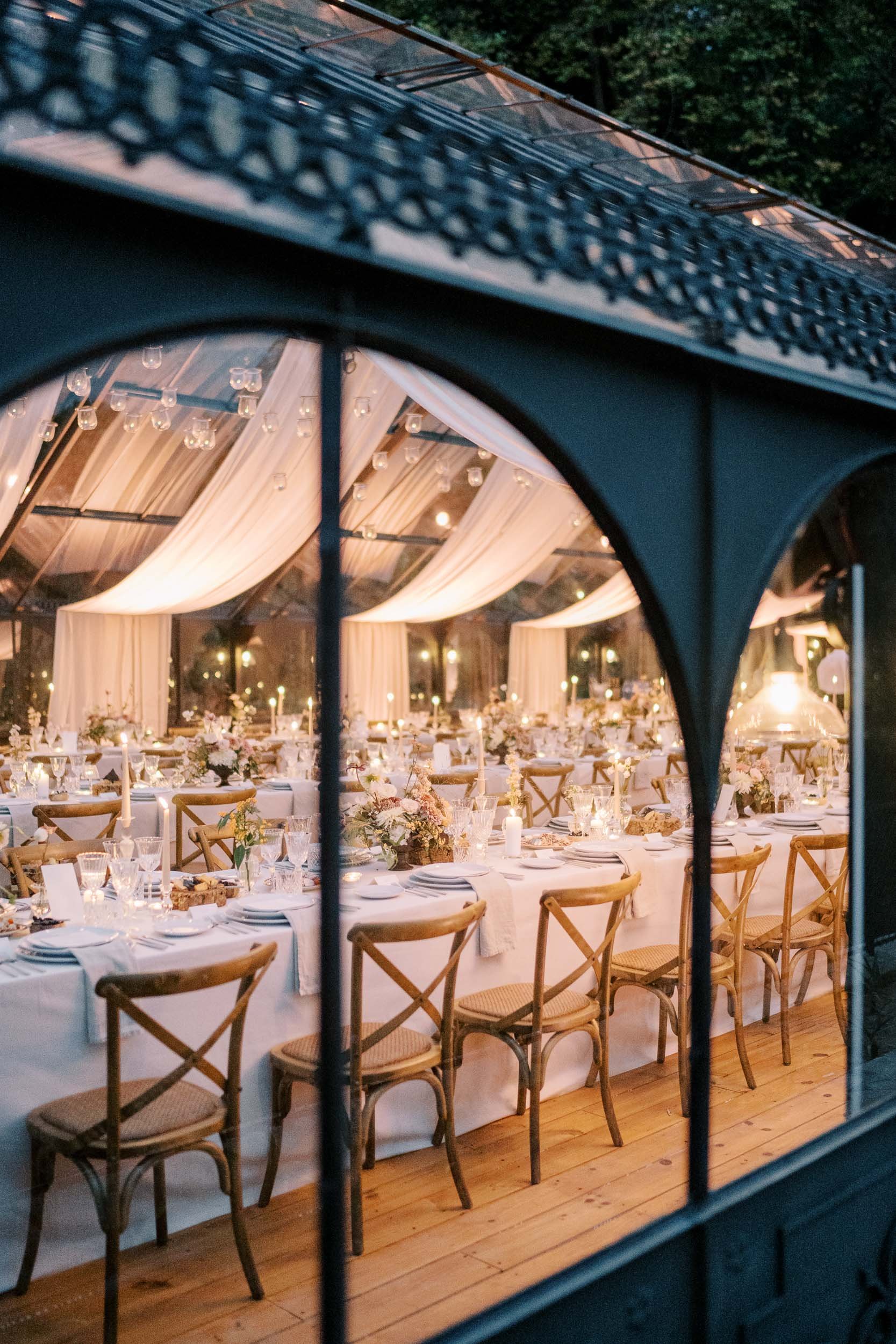 Reception dinner inside the glasshouse at Quinta da Bella Vista in Sintra