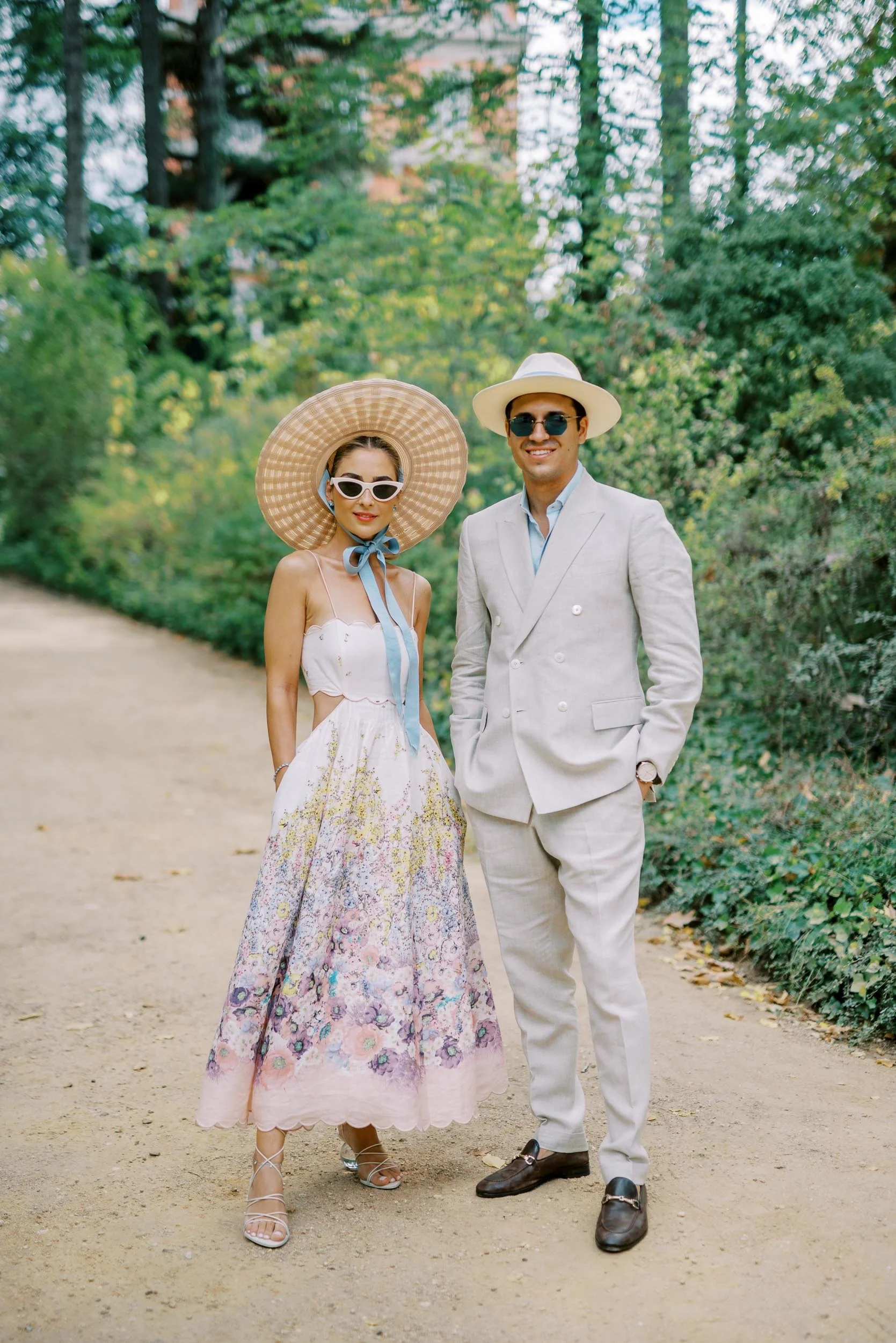 Bride and groom portrait at a farewell picnic at Vidago Palace Hotel in Portugal
