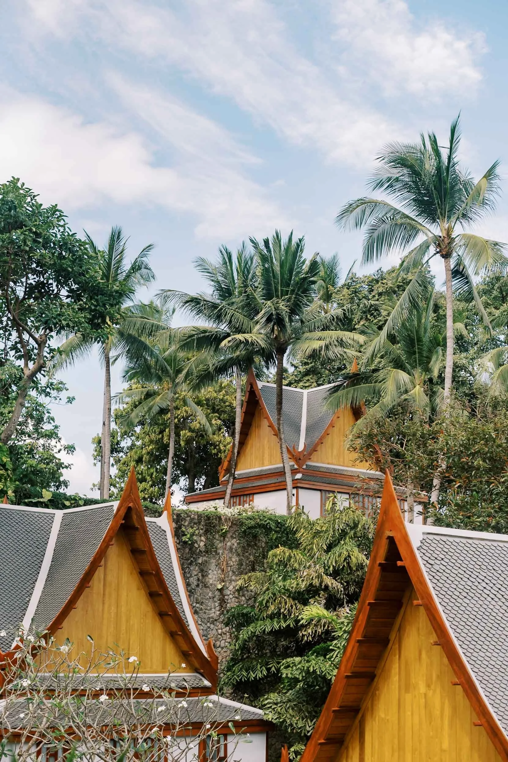 Traditional Thai rooftops surrounded by palm trees at Amanpuri in Phuket, Thailand