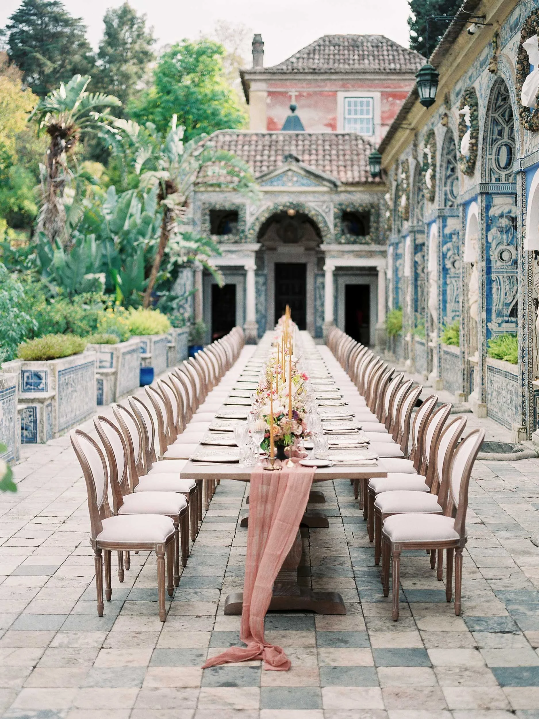 Reception table at Palácio dos Marqueses da Fronteira in Lisbon, Portugal