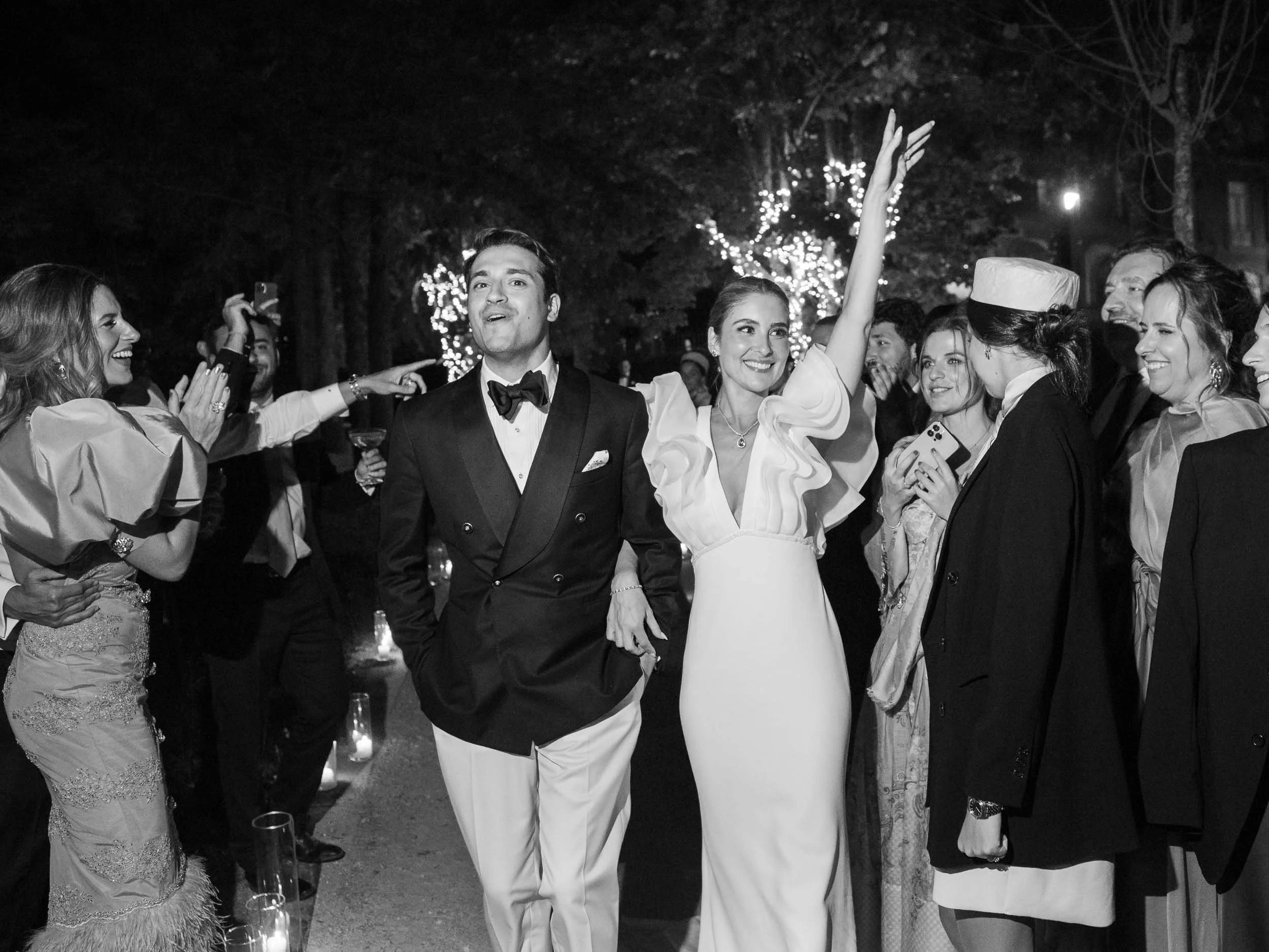 Bride and groom arriving at the party at Vidago Palace in Portugal