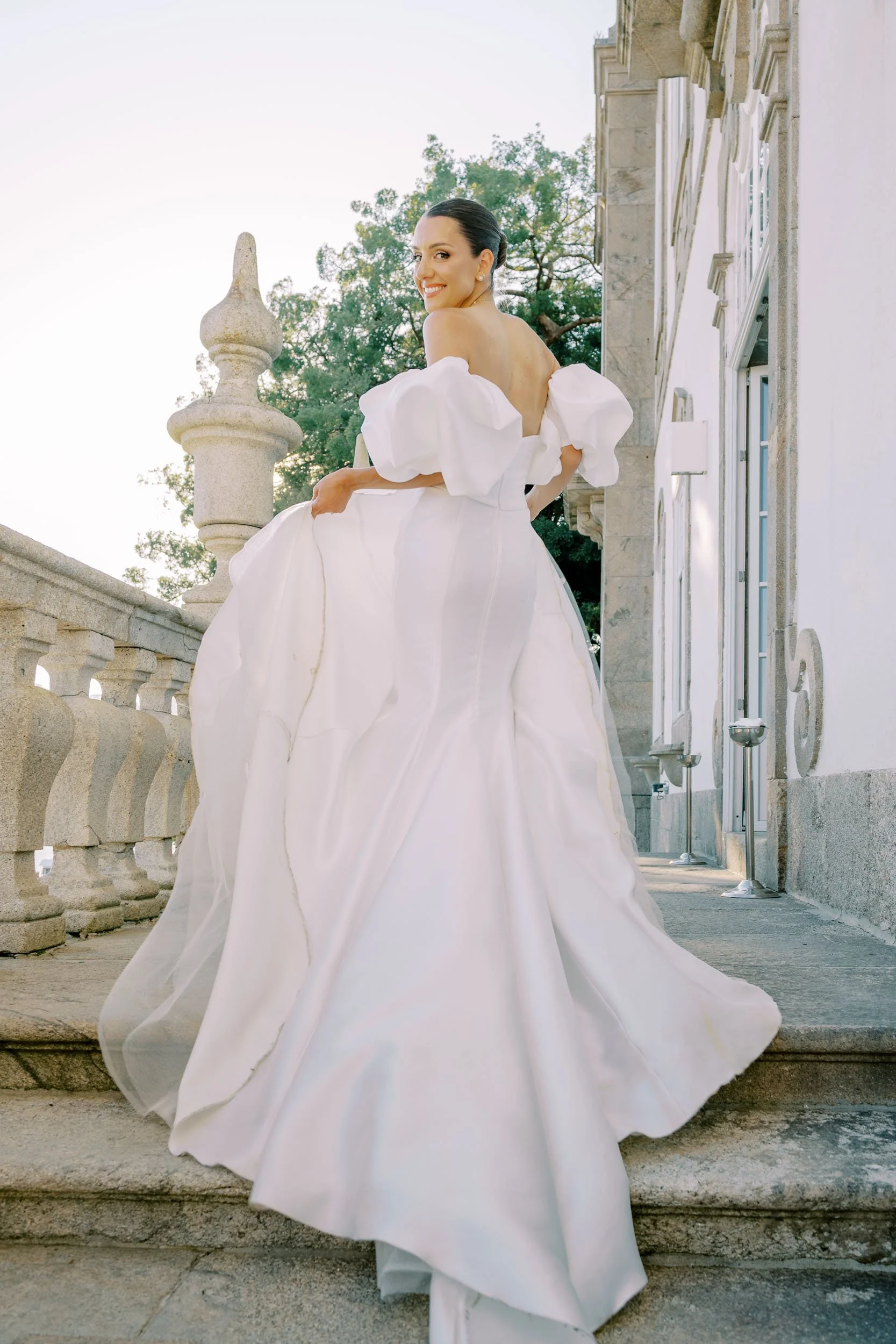 Bride on the staircase at Palácio do Freixo in Porto, Portugal