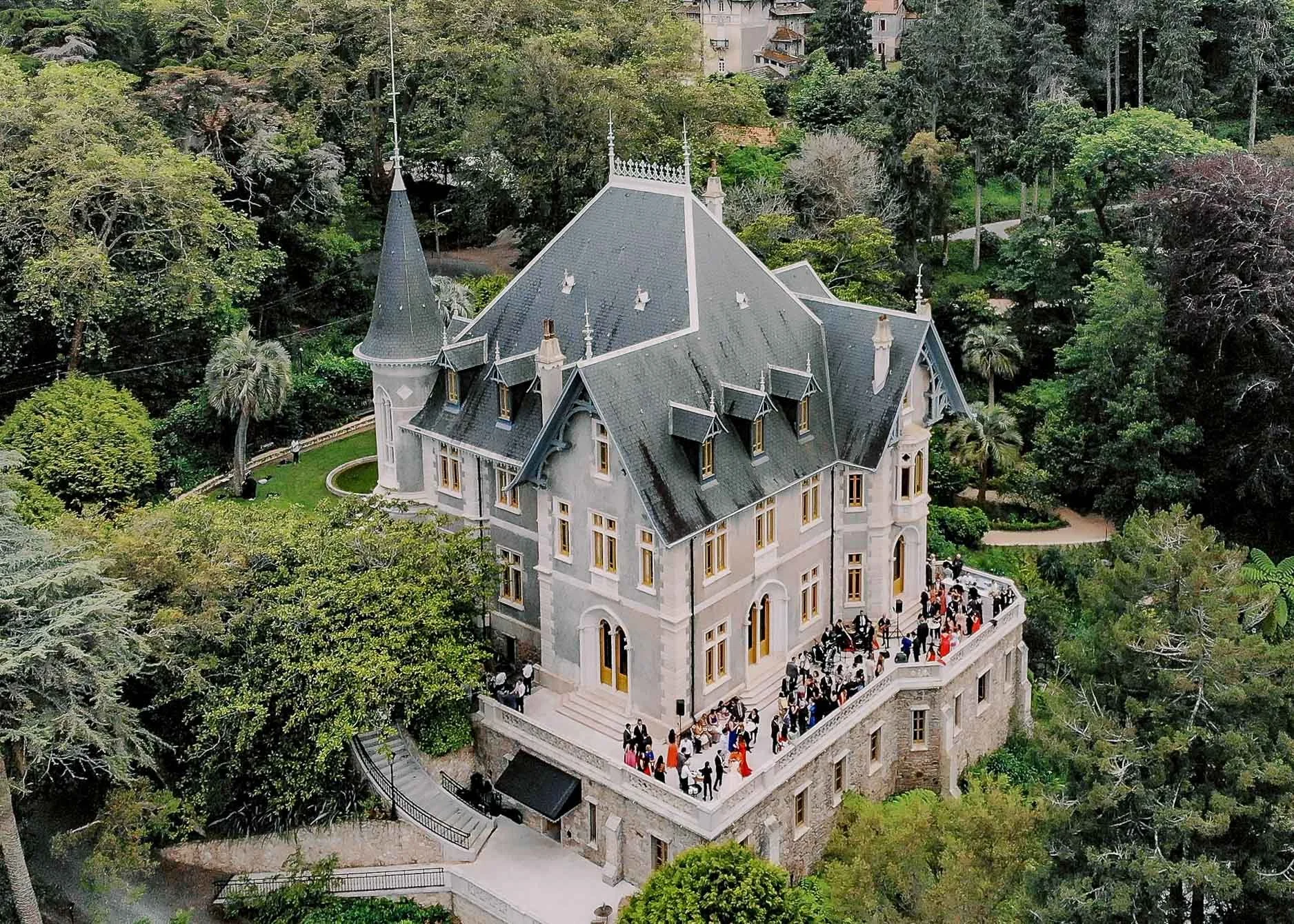 Drone view of Biester Palace during the wedding cocktail in Sintra, Portugal