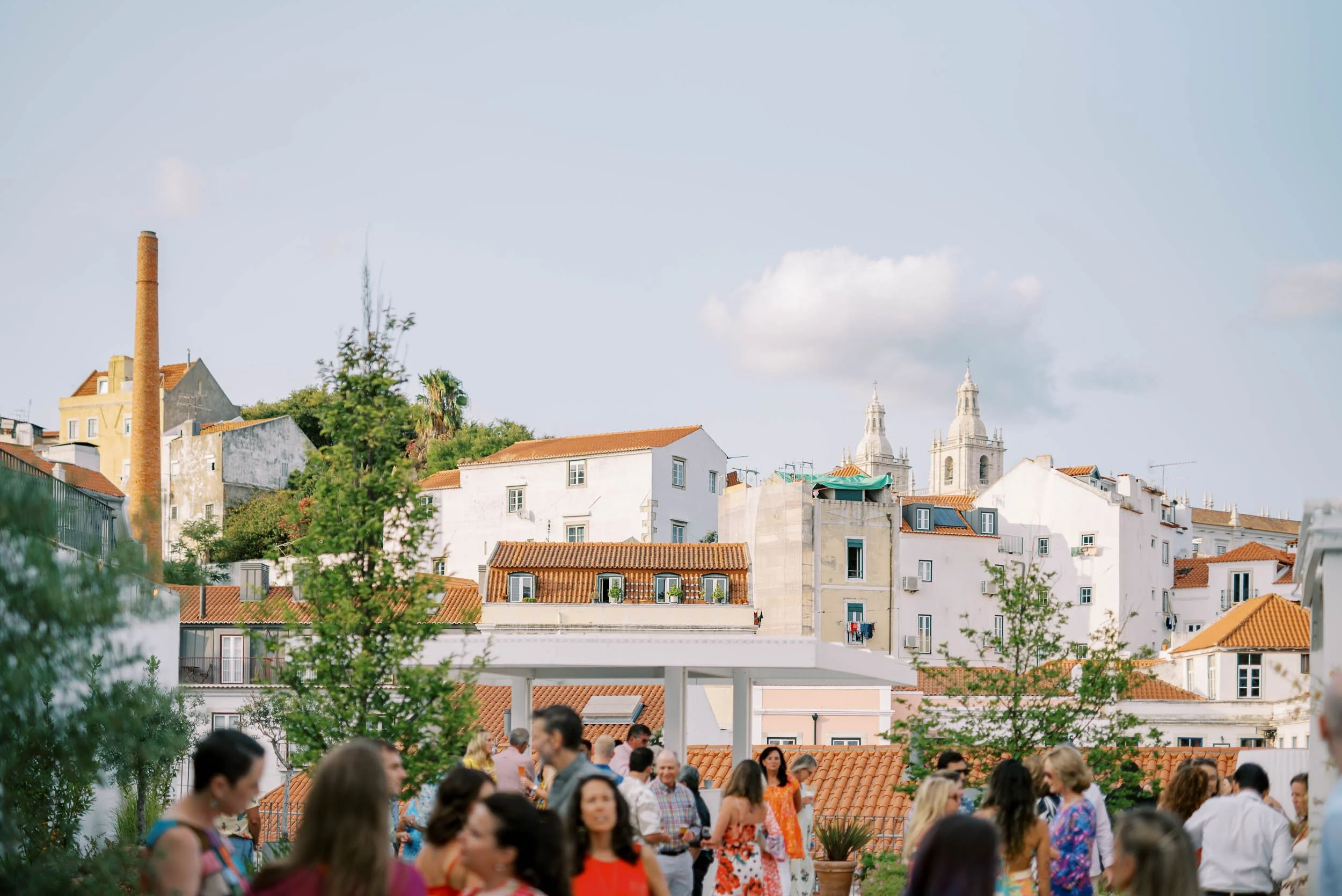 Welcome cocktail with a view over old Lisbon before a wedding at Quinta da Bella Vista in Sintra, Portugal