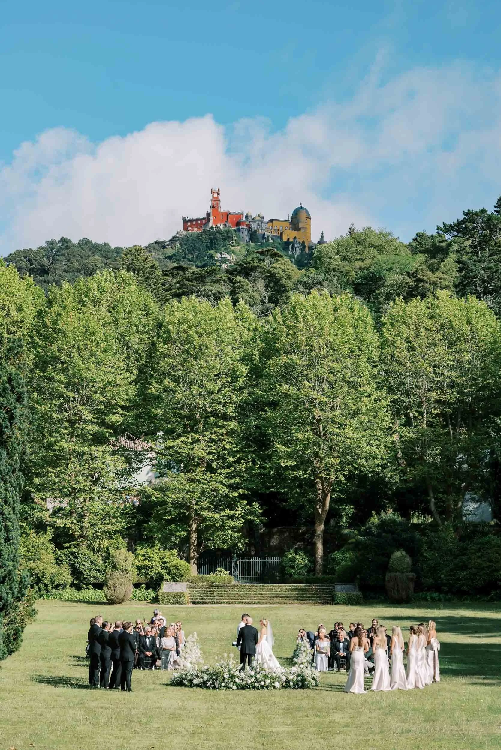 View of Palácio da Pena from the gardens of Palácio de Seteais during the wedding ceremony